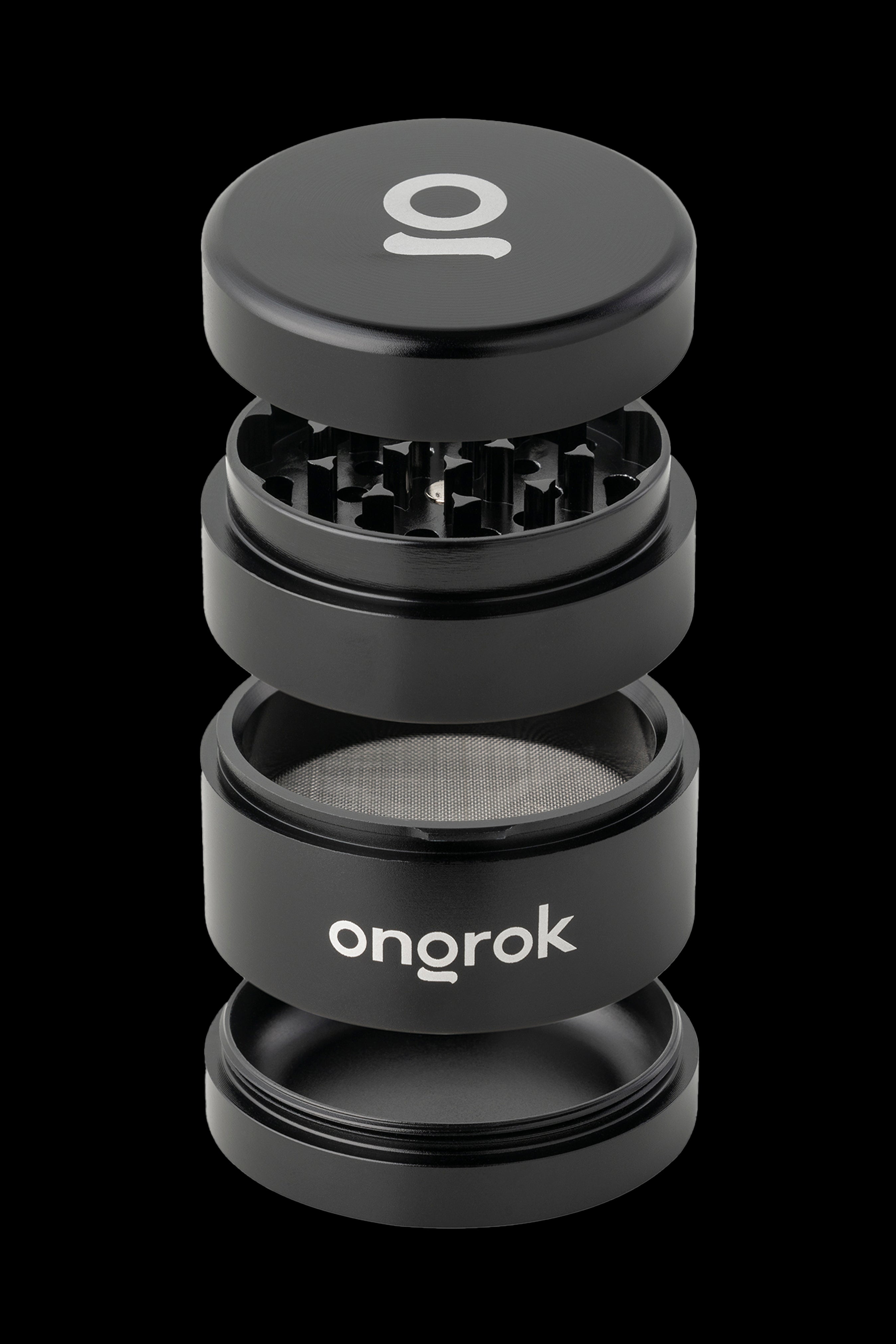 Black four-piece cannabis grinder with “Onorok” logo.