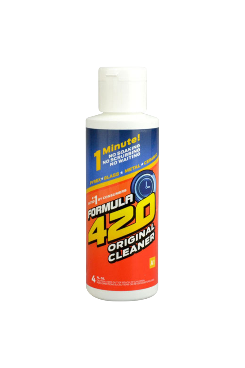 Front view of the 4oz Formula 420 Original Glass Cleaner bottle with a vibrant yellow label and clear liquid inside.