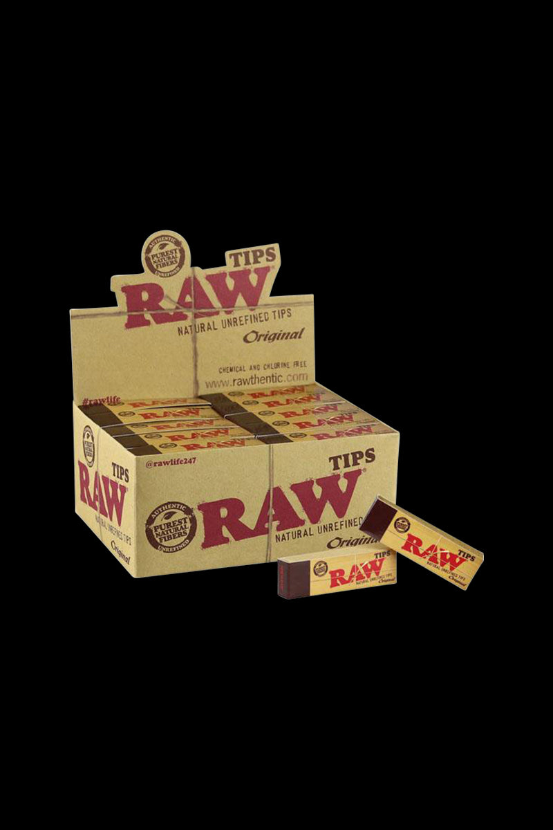 Front view of the RAW Natural Unrefined Tips packaging, showing a stack of booklets with the brand’s logo and simple design.