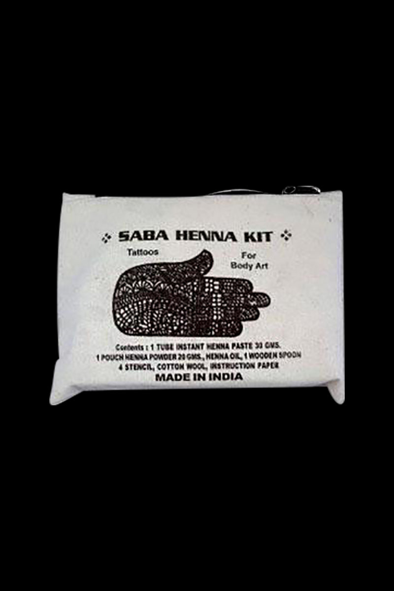 Front view of the Saba Henna Kit packaging, a white pouch with black text, against a dark background.