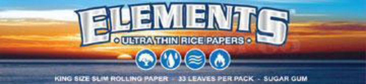 Front view of Elements Ultra Thin Kingsize Slim Rice Rolling Papers packaging with a fiery orange and yellow gradient background.