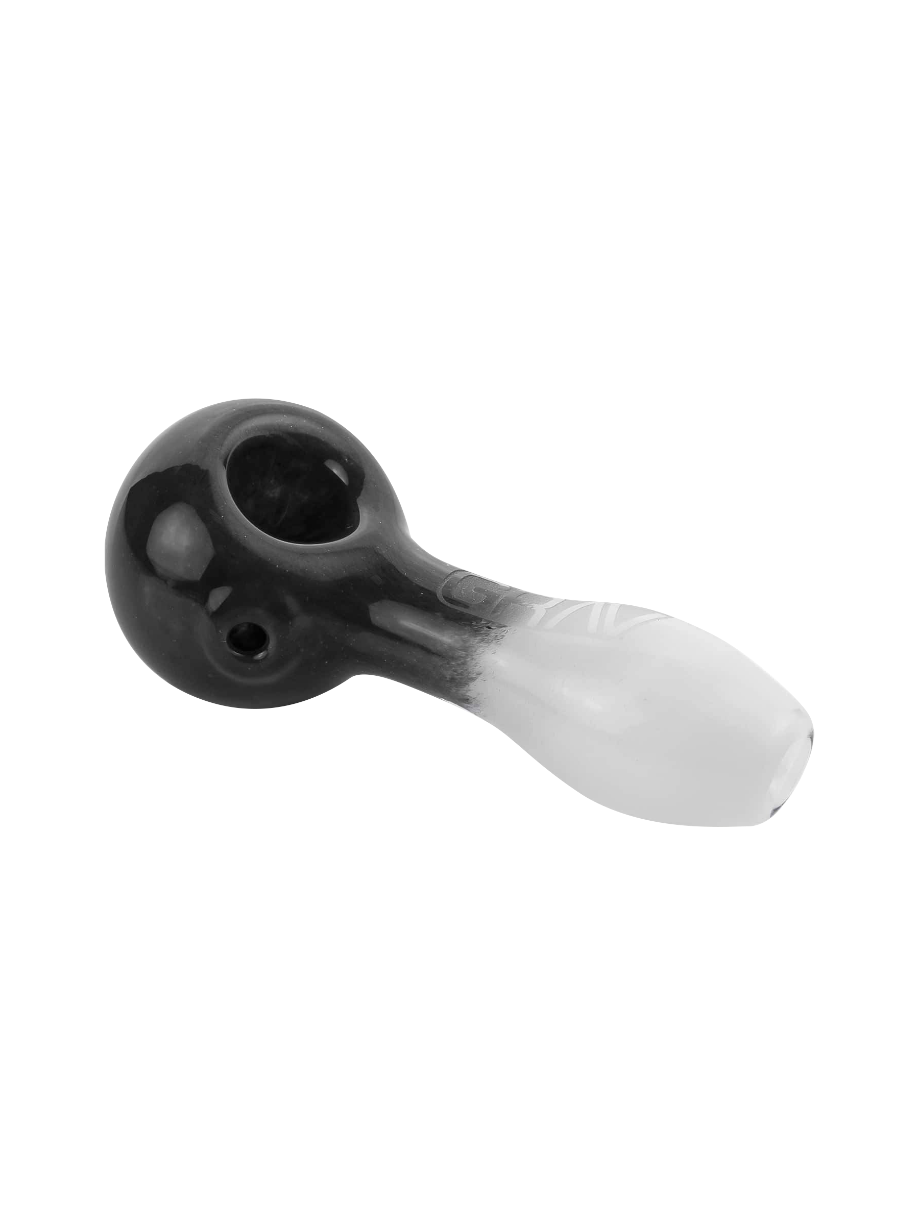 A close-up, angled view of the GRAV® Frit Spoon, showcasing its smooth, dark glass construction.
