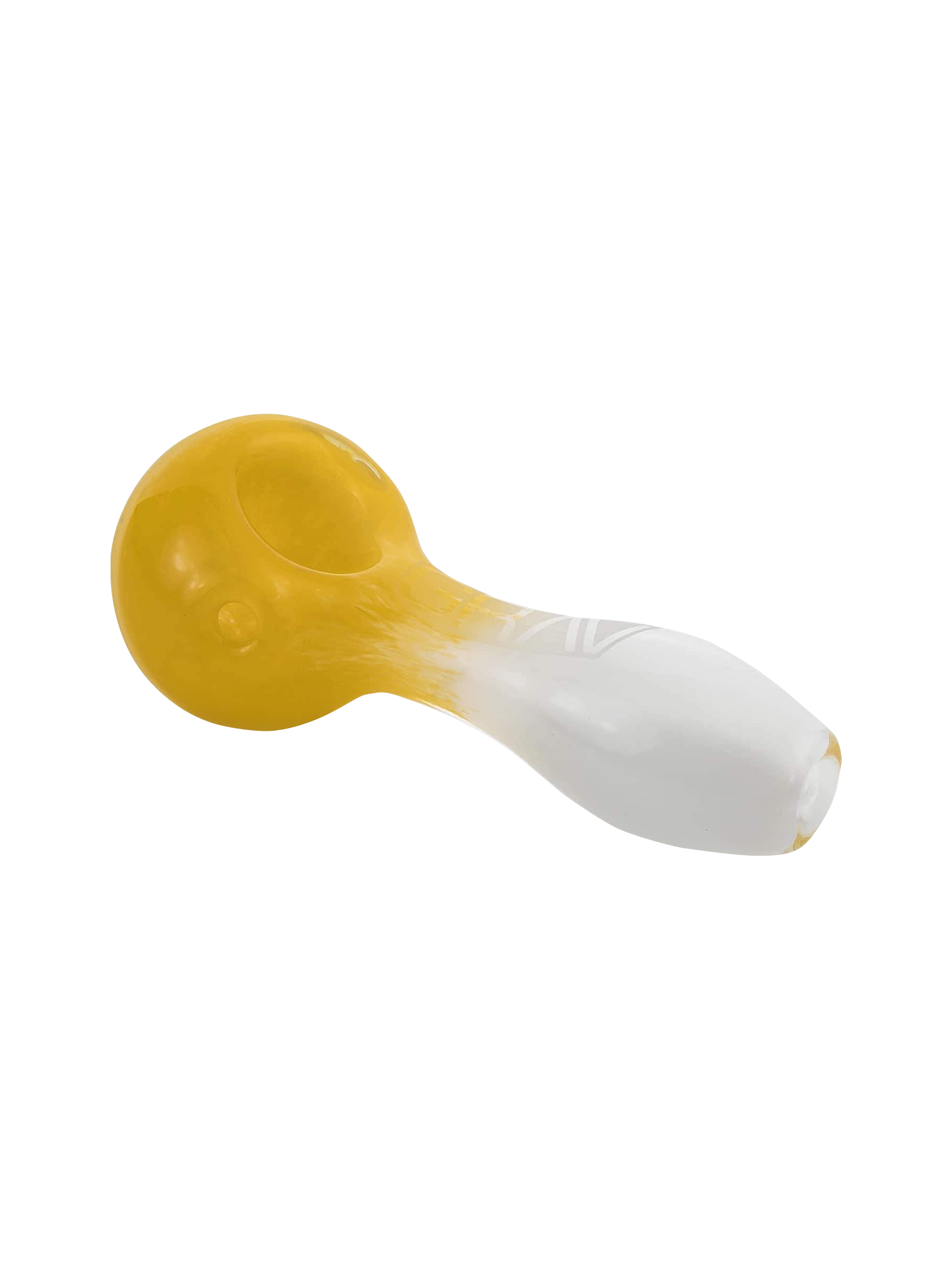 A close-up, angled view of the GRAV® Frit Spoon, showcasing its curved glass bowl and smooth, minimalist design.