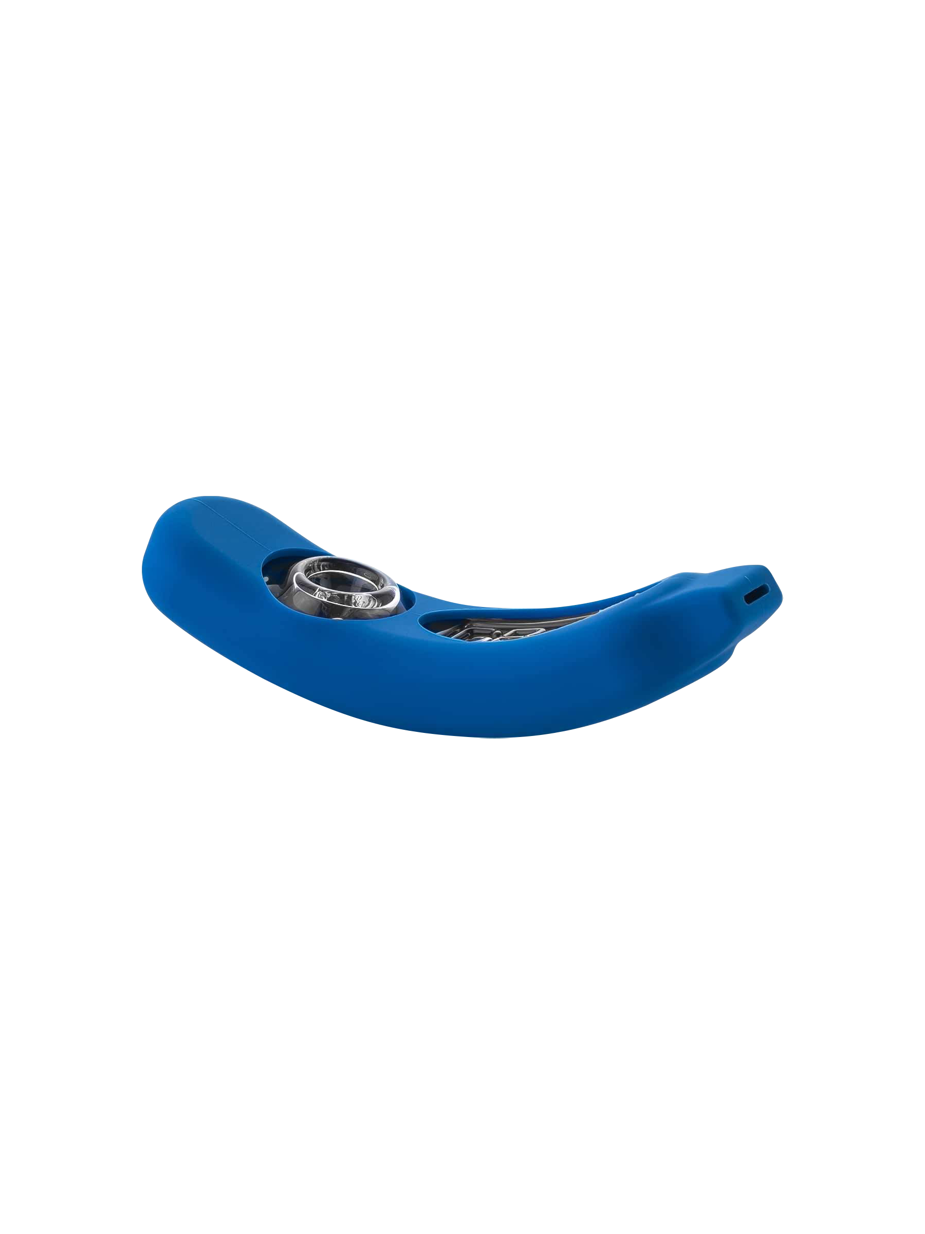 Low-angle close-up of the blue GRAV® Rocker Steamroller with Silicone Skin showing its curved silicone body and exposed metal bowl.