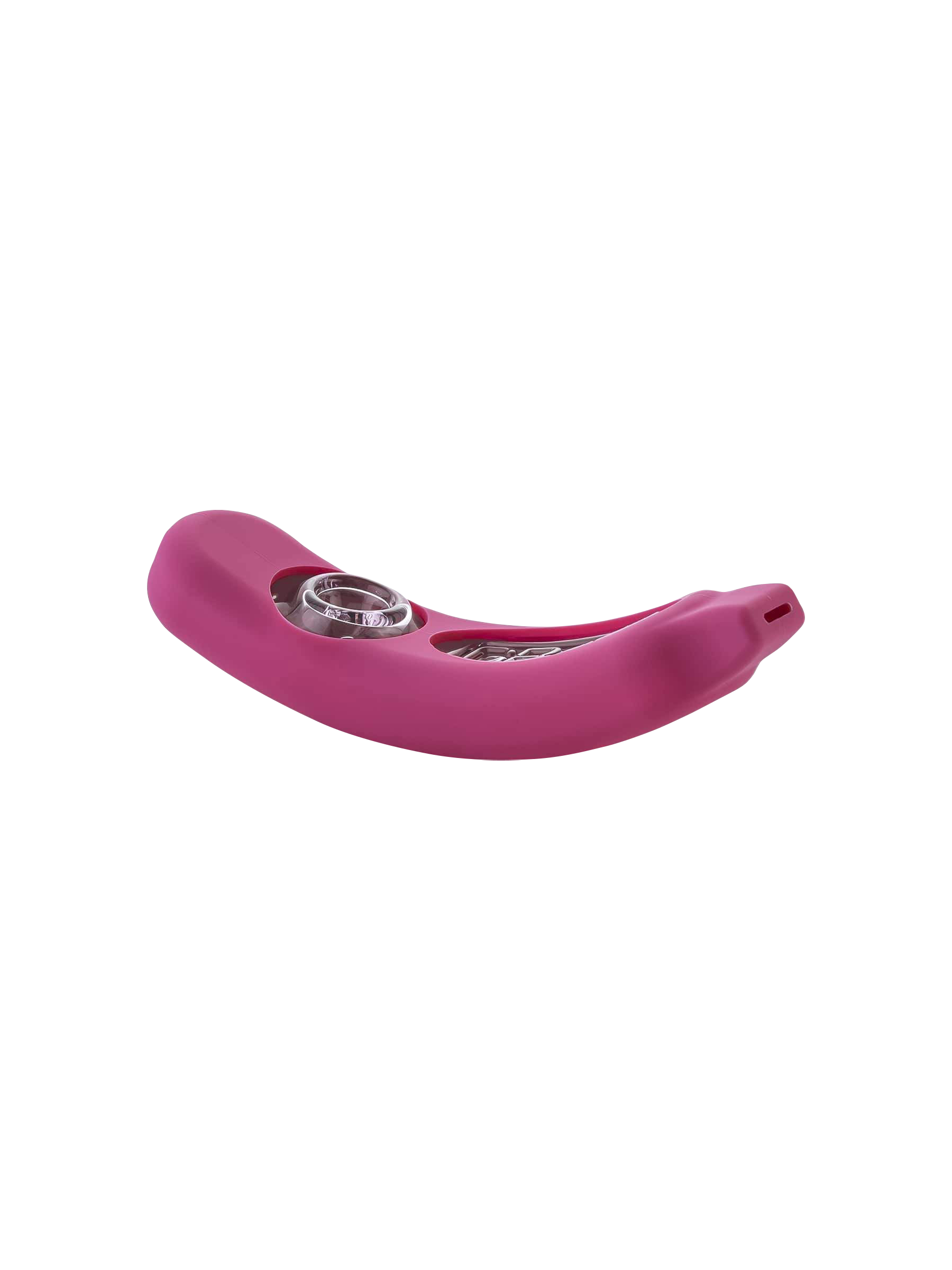 Low-angle close-up of the pink GRAV® Rocker Steamroller with Silicone Skin showing its curved silicone body and embedded glass chambers.