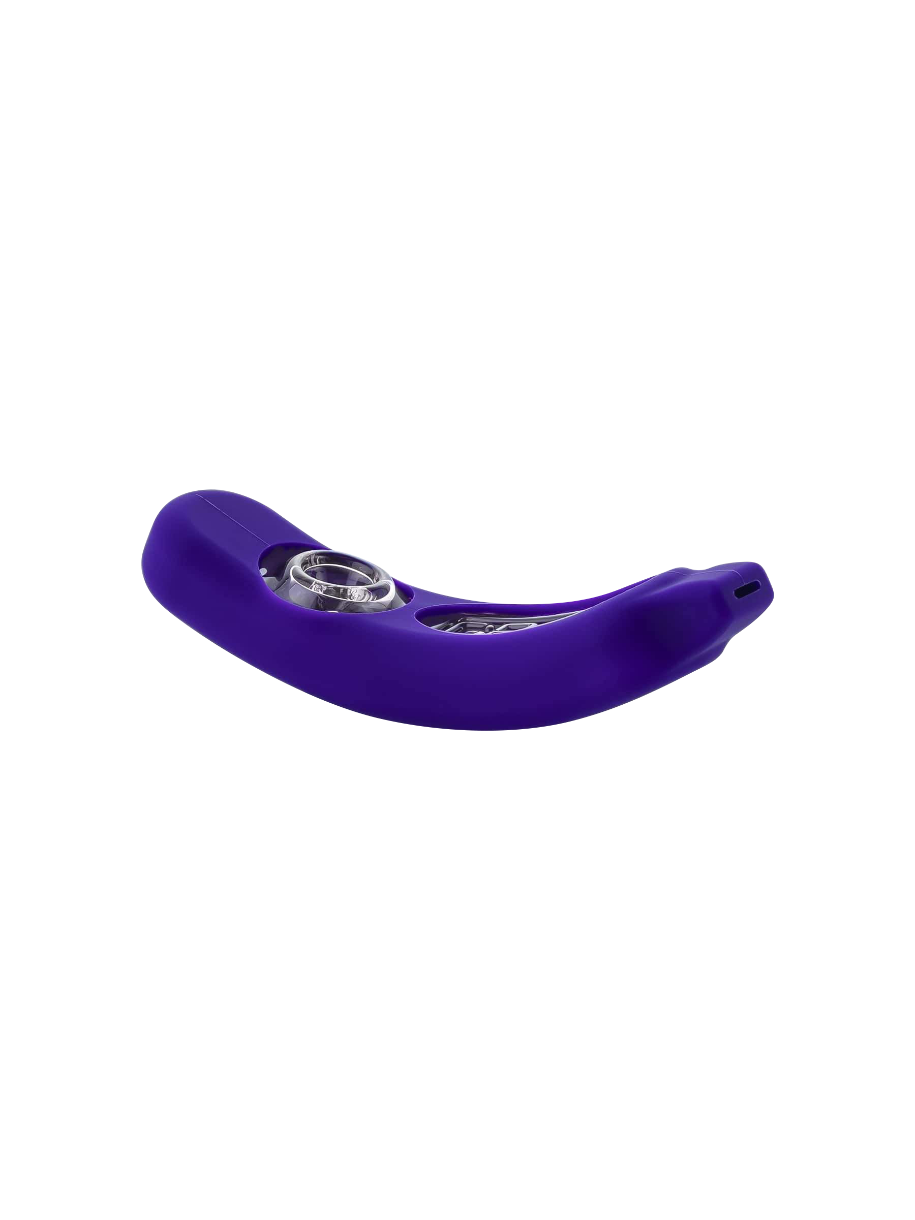 Close-up angled shot of the purple GRAV® Rocker Steamroller with Silicone Skin showing its curved body and exposed glass bowl.