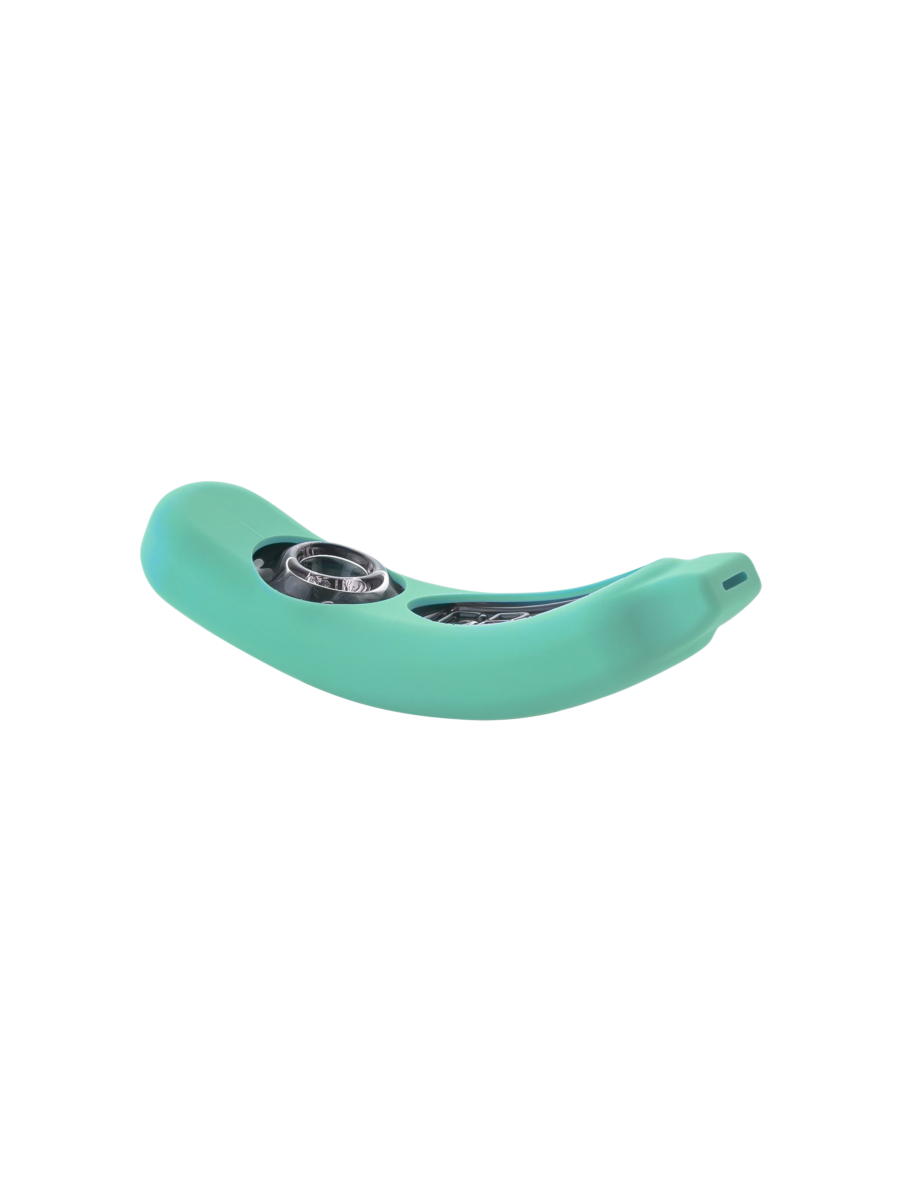 Low-angle close-up of the mint green GRAV® Rocker Steamroller with Silicone Skin showing its curved silicone body and visible glass bowl.
