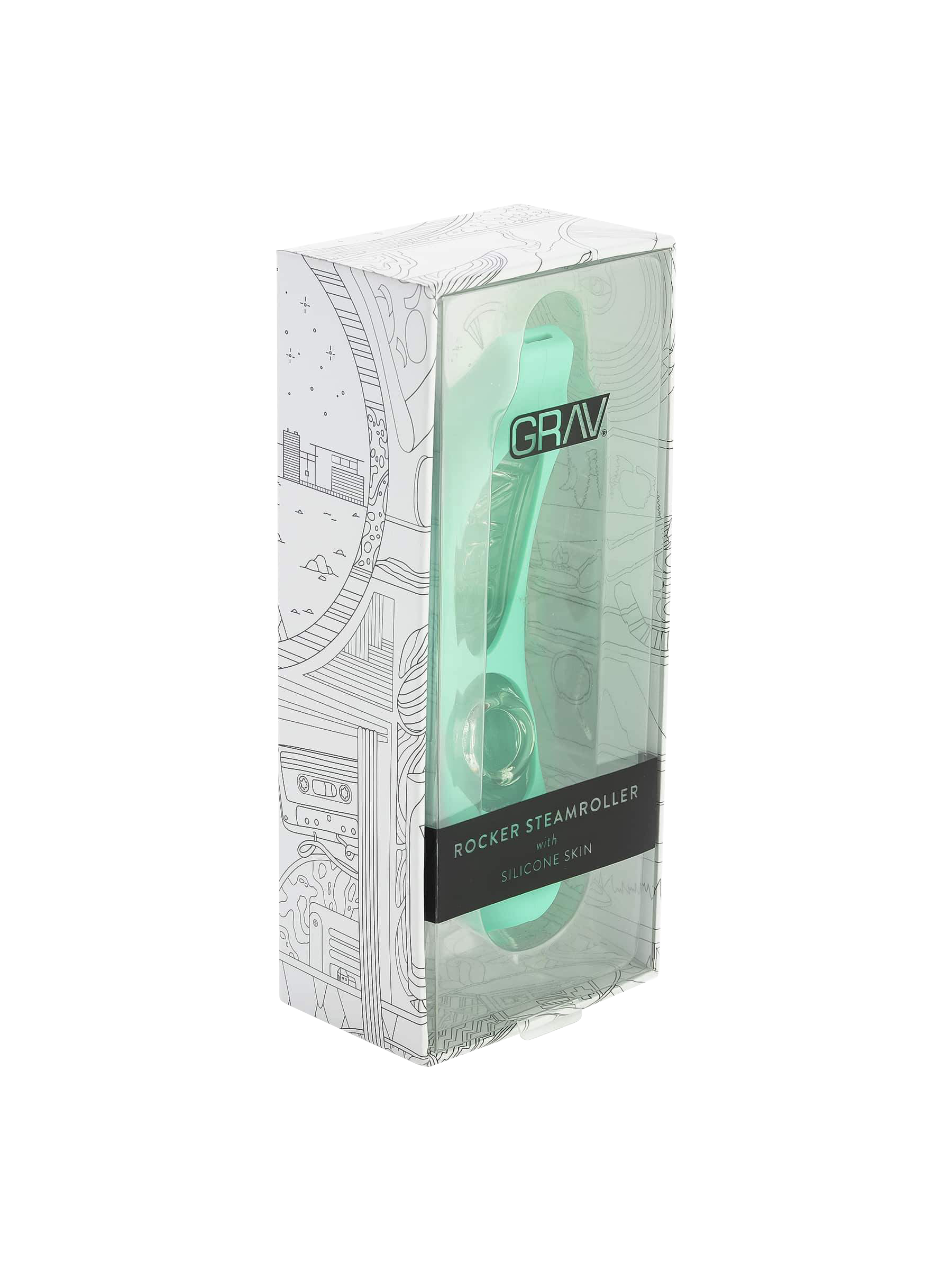 Angled close-up of the mint-green GRAV® Rocker Steamroller with Silicone Skin inside its clear front packaging, set against a white illustrated box background