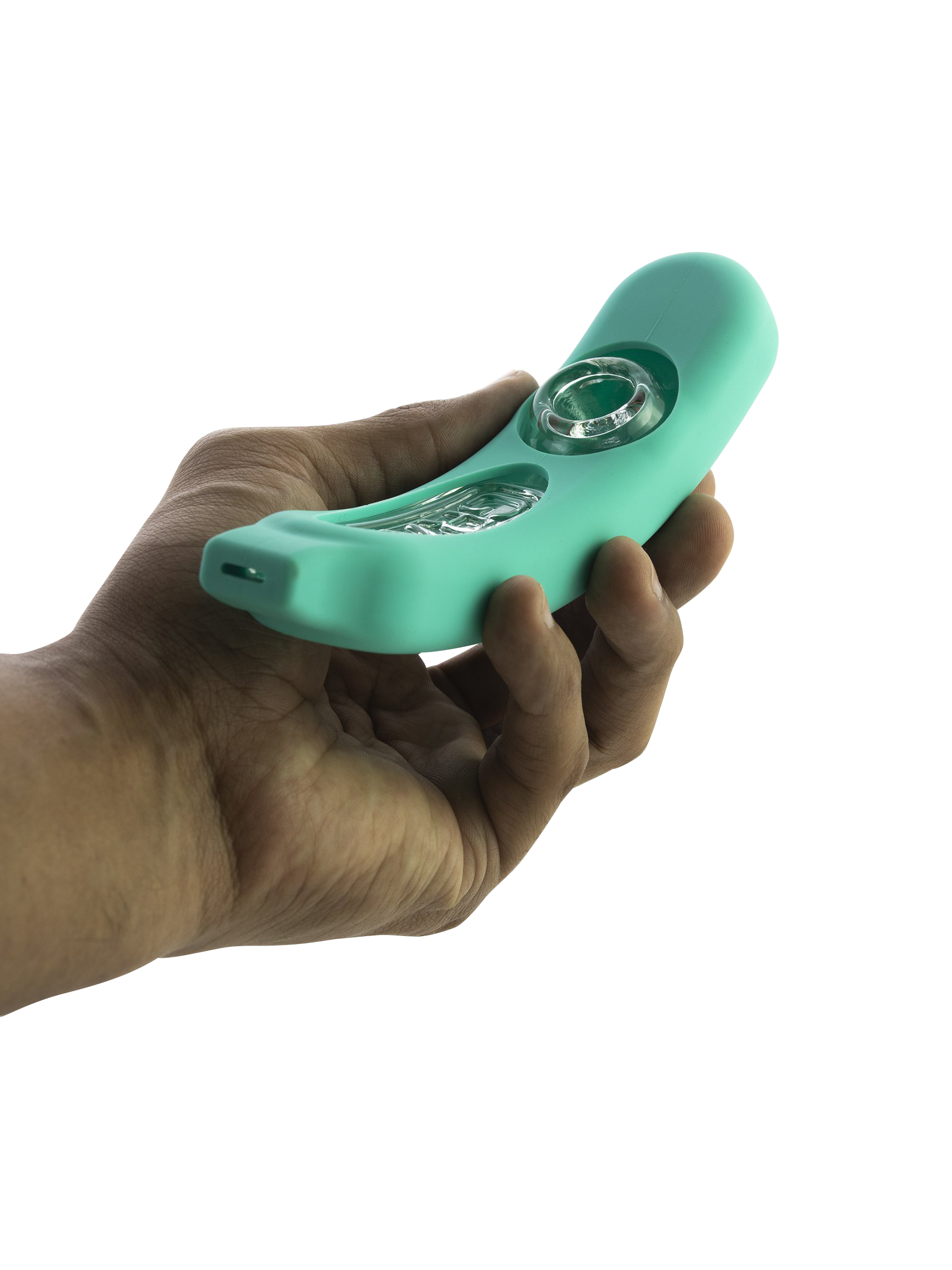 Handheld three-quarter view of a turquoise GRAV® Rocker Steamroller with Silicone Skin resting in an open palm, showing its clear glass bowl and curved silhouette