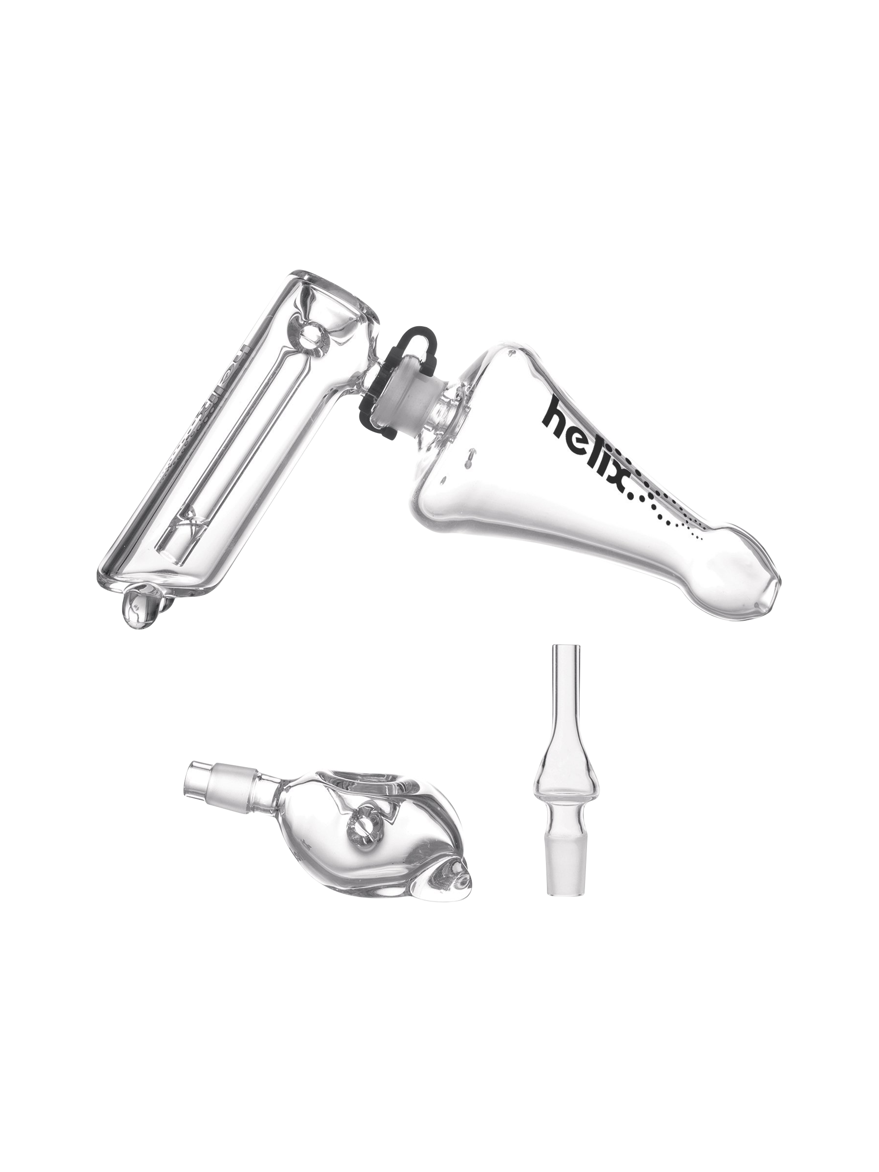 A side view of the GRAV® Helix Bubbler Multi Kit, showcasing its clear glass construction and curved design.