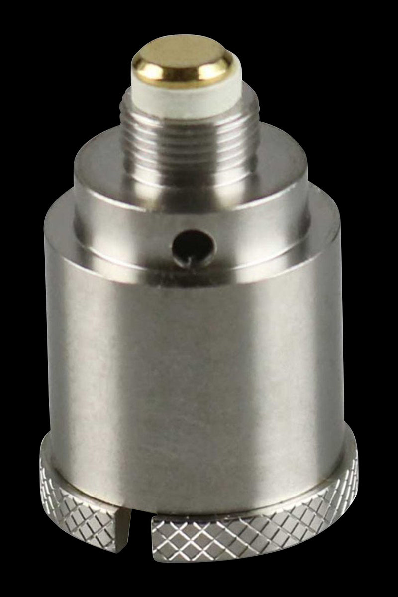 A close-up, angled view of the Pulsar Barb Fire Wax Mod Replacement Coil, showcasing its metallic construction and textured base.