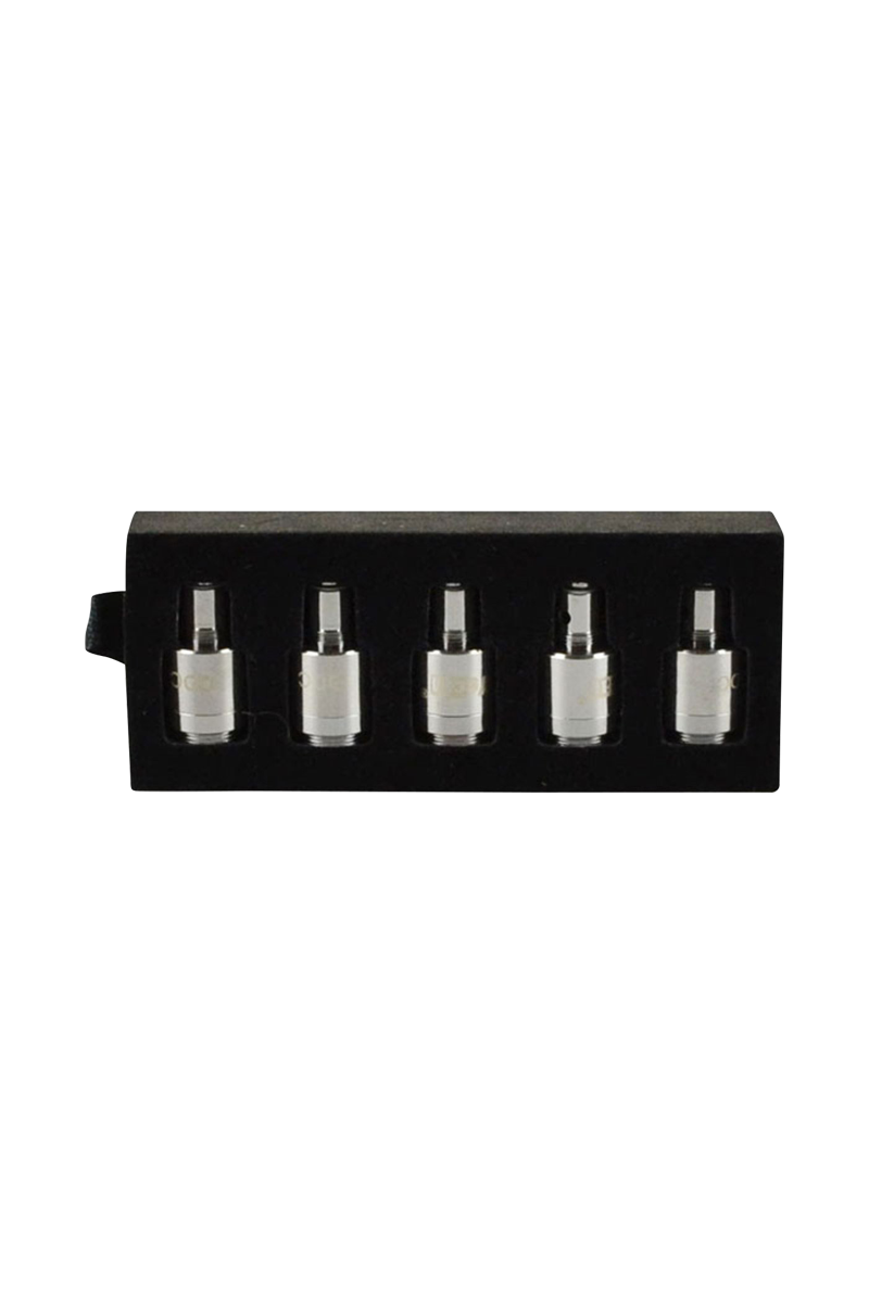 A close-up, top-down view of the five Yocan Pandon & Evolve Dual Quartz Coils, displaying their metallic finish and compact size.