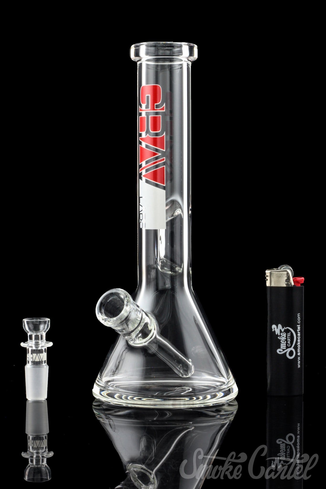 Front view of the GRAV® 8" Basic Beaker Bong, showcasing its clear glass construction against a dark background.