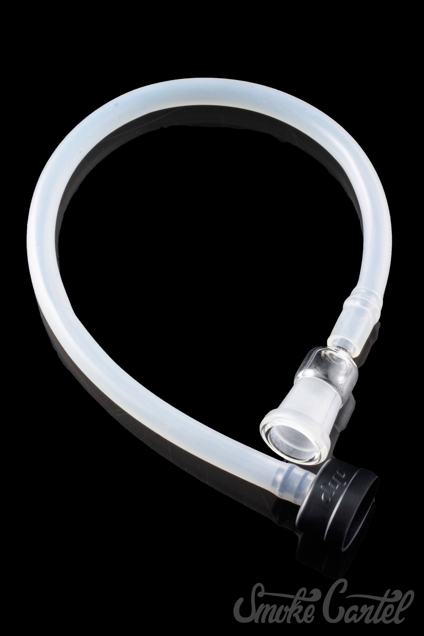 A slightly angled studio shot of the Dip Devices DipWhip Attachment, a clear glass piece with a curved form.