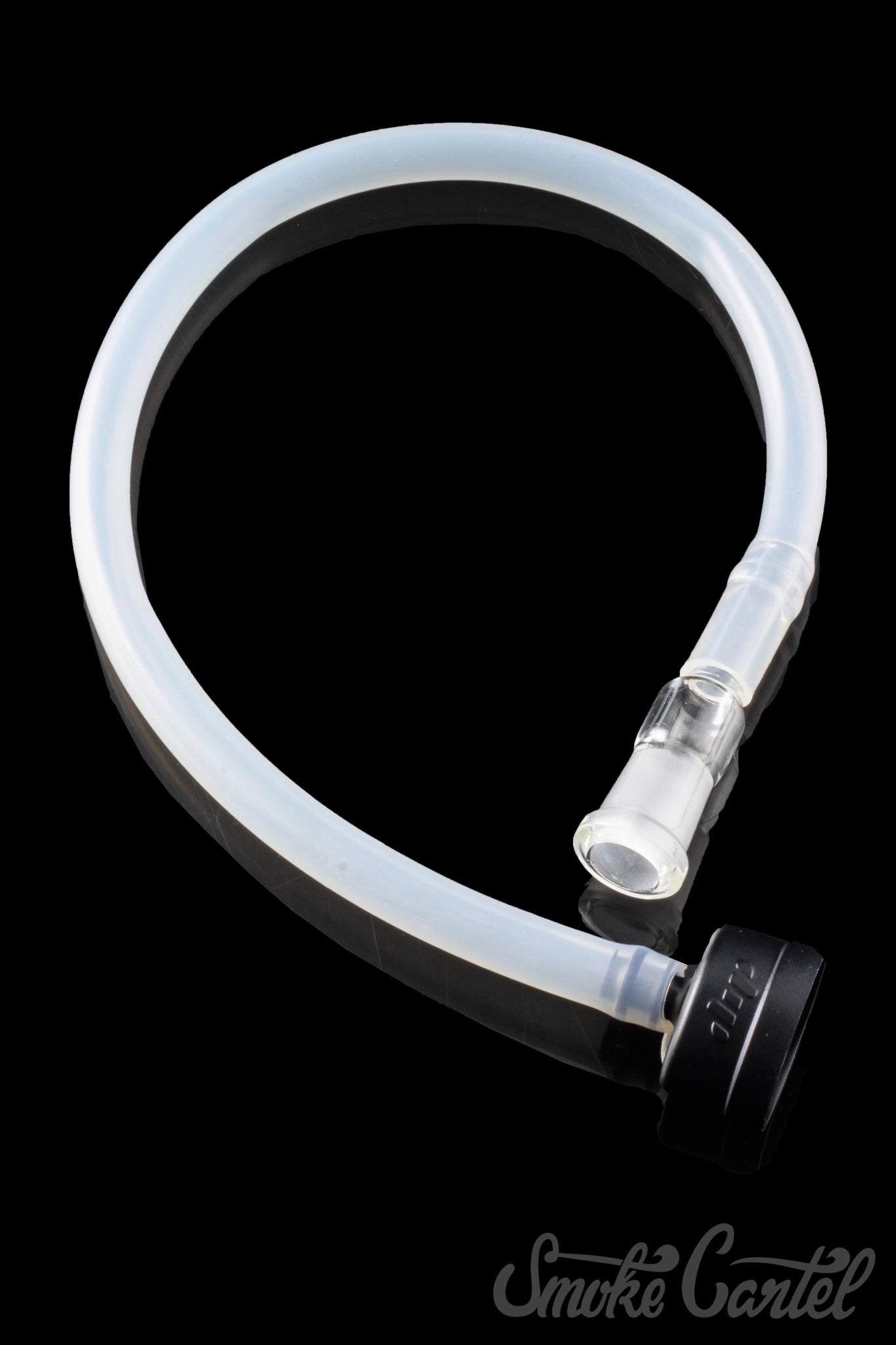 A side view of the Dip Devices DipWhip Attachment, showing a clear, curved glass tube with a smooth, minimalist design.