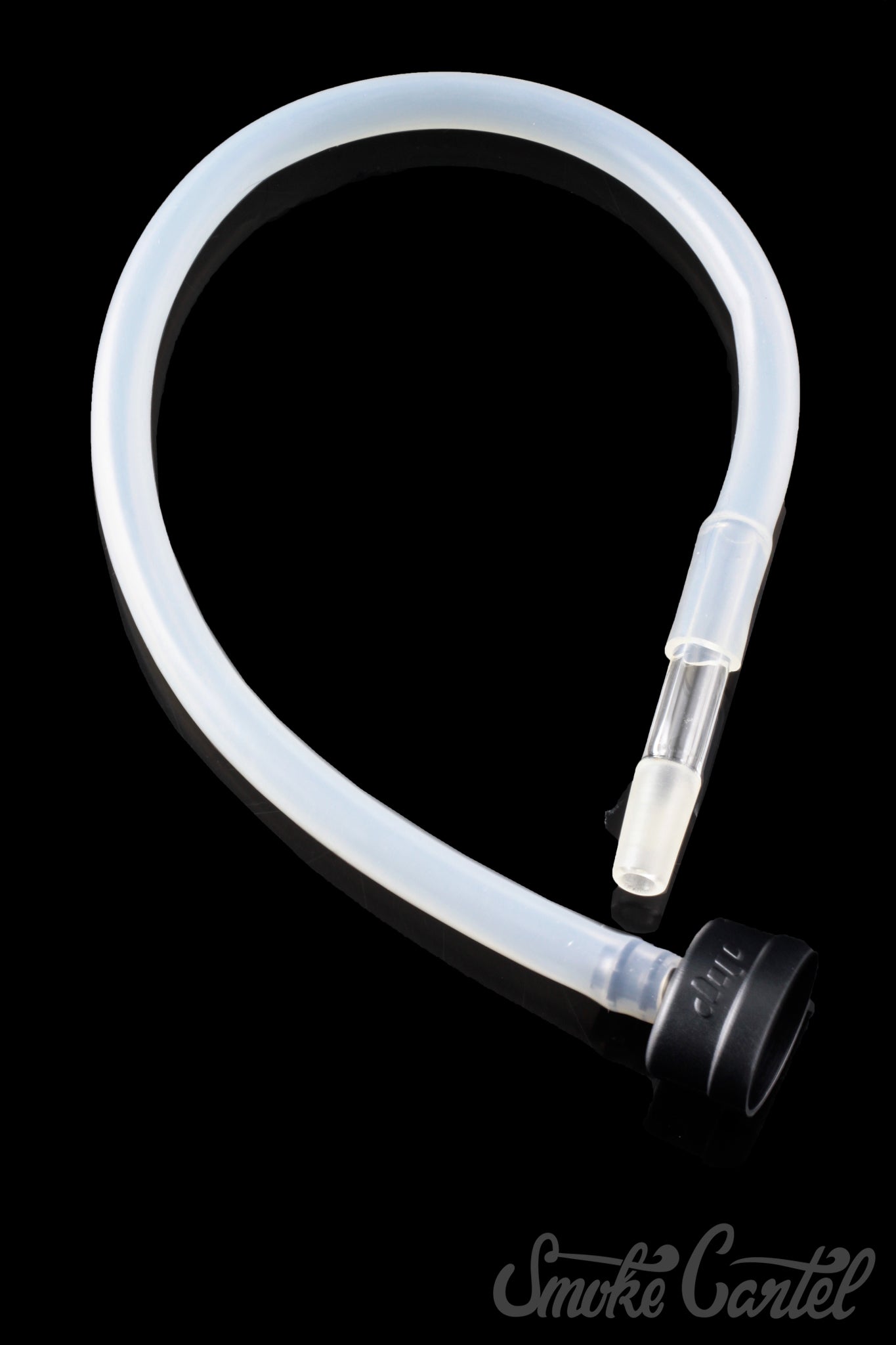 A close-up, angled view of the Dip Devices DipWhip Attachment, a clear, curved glass piece with a smooth, polished finish.