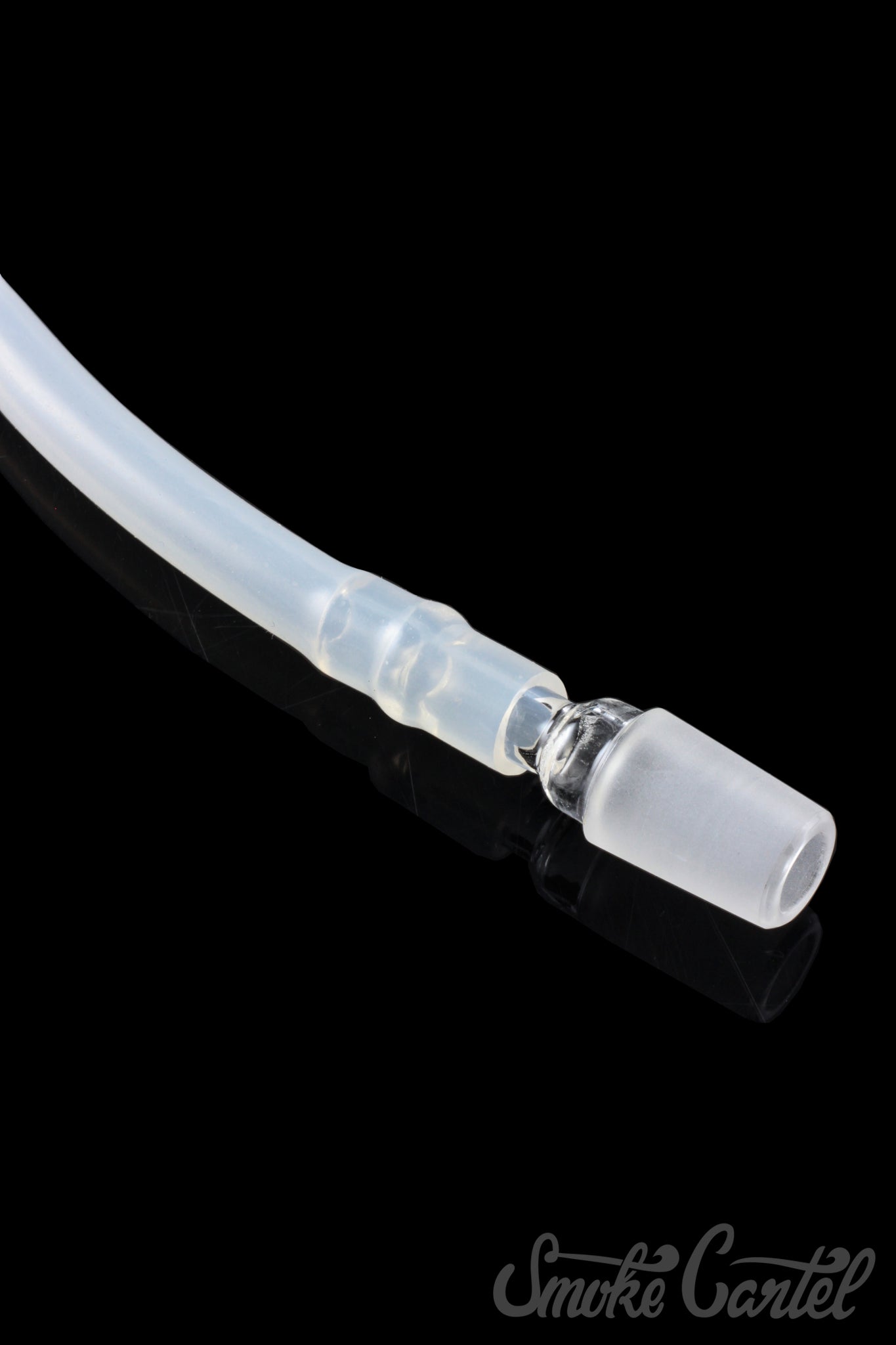 A close-up, angled view of the Dip Devices DipWhip Attachment, showcasing its clear glass construction and simple design.