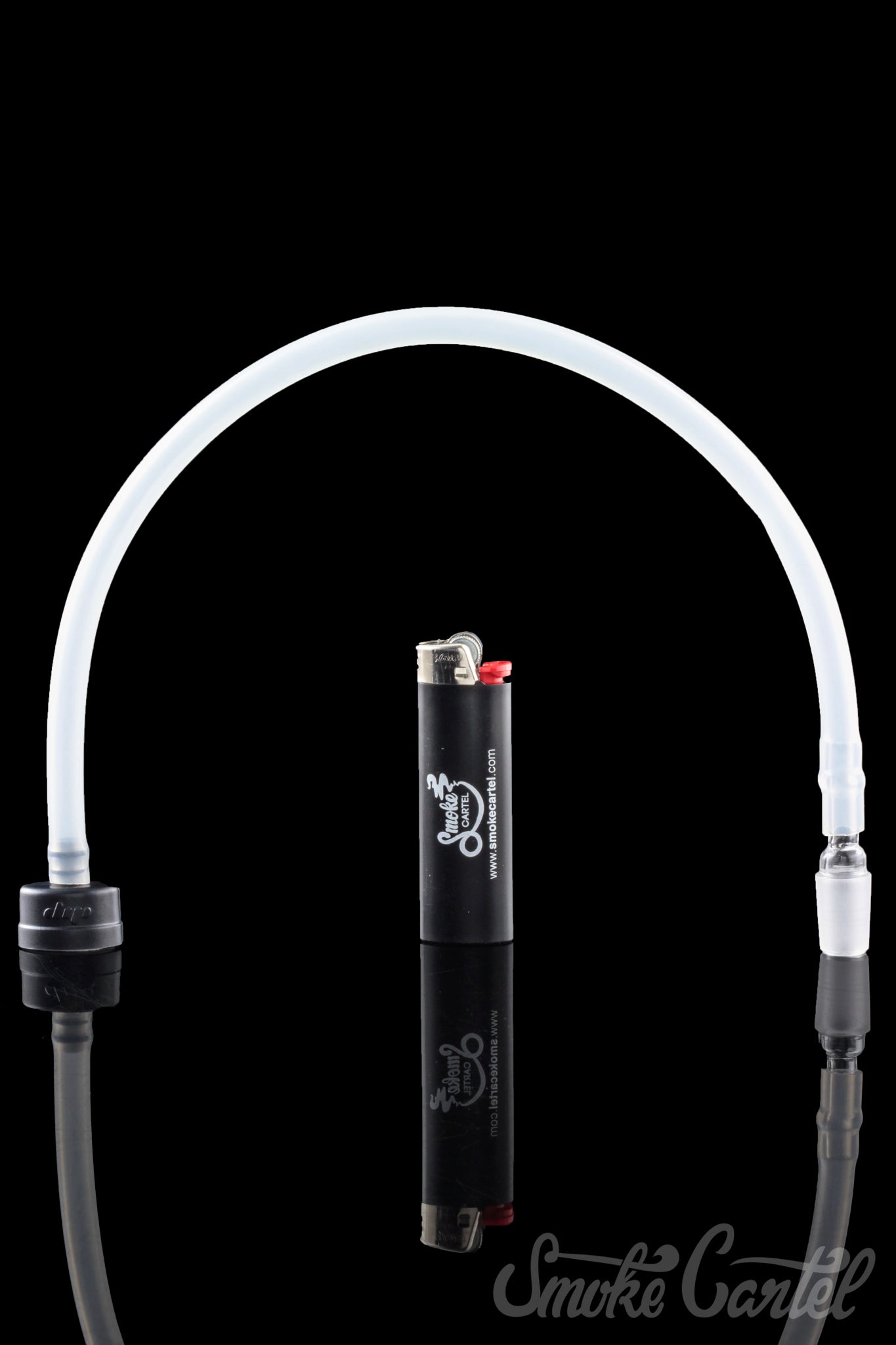 A close-up, angled view of the Dip Devices DipWhip Attachment, showcasing its clear glass construction and smooth curves.