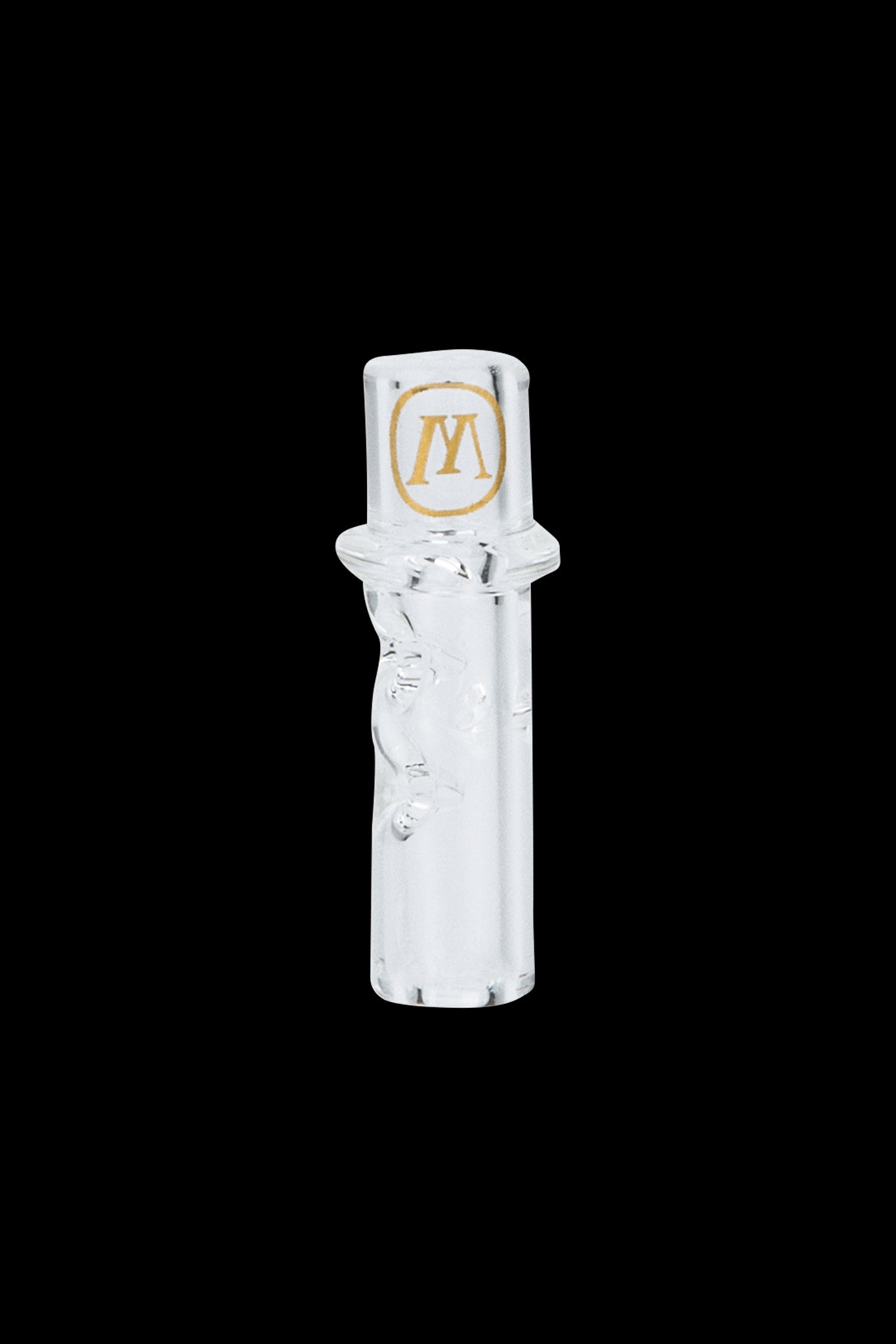 Frosted glass cannabis bubbler with a gold “MV” logo.