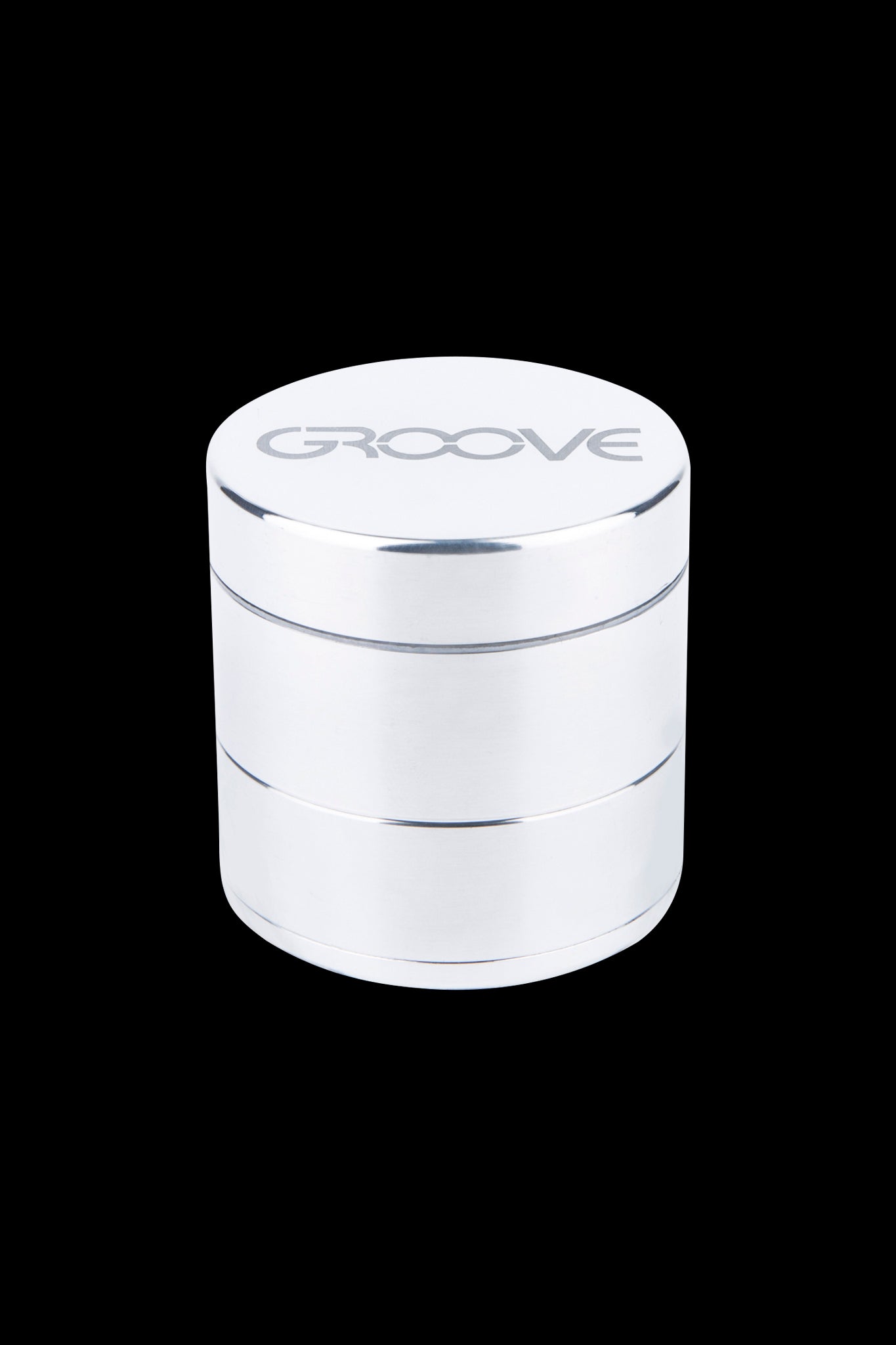 Silver four-layer cannabis grinder with "GROOVE" logo.