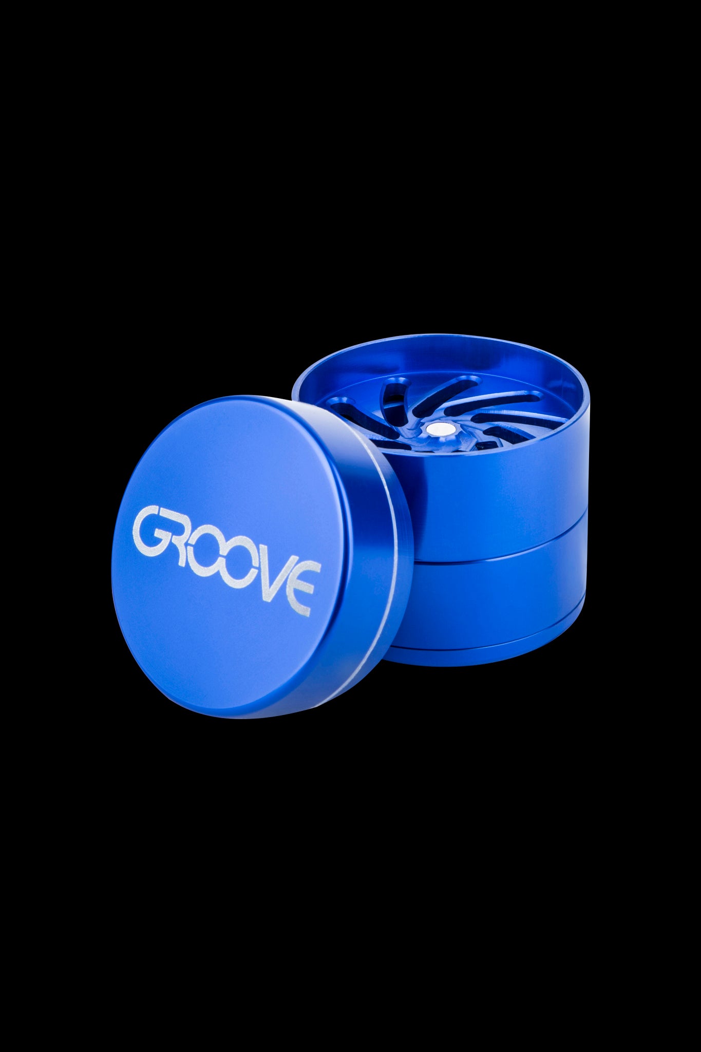Blue four-piece cannabis grinder with “GROOVE” logo.