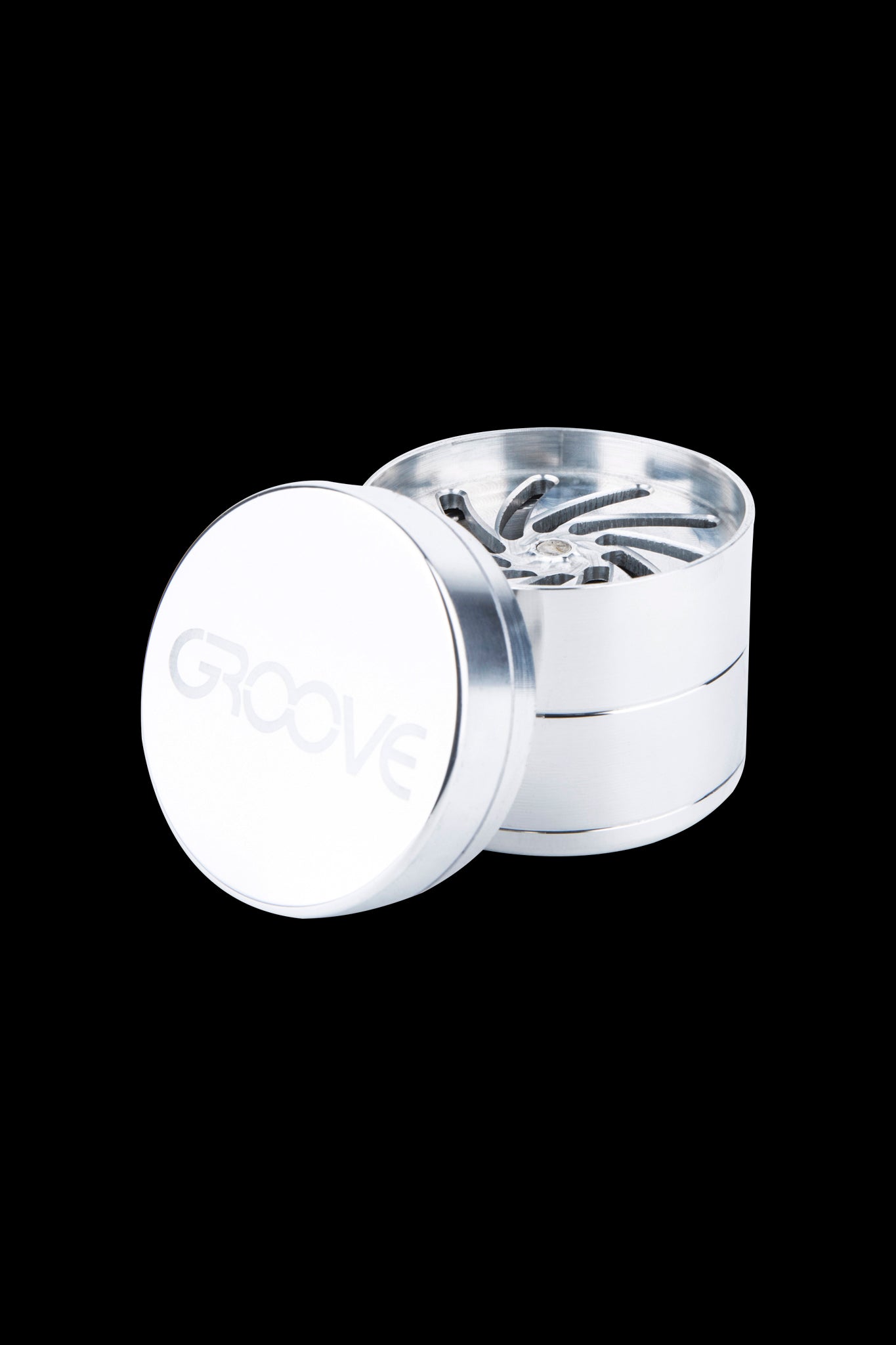 Silver four-piece cannabis grinder with open lid revealing ground herb.