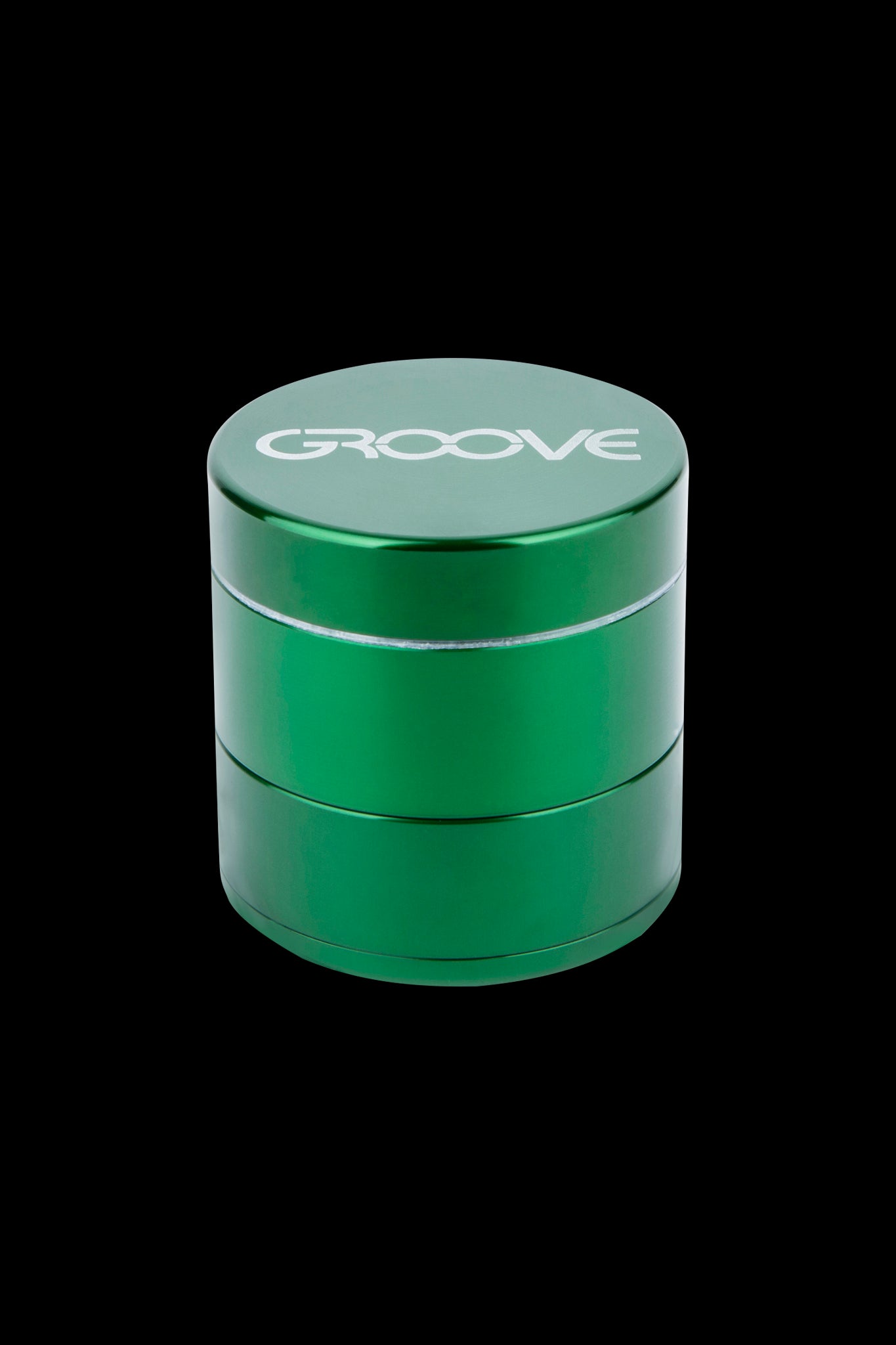 Green four-piece cannabis grinder with “GROOVE” logo.