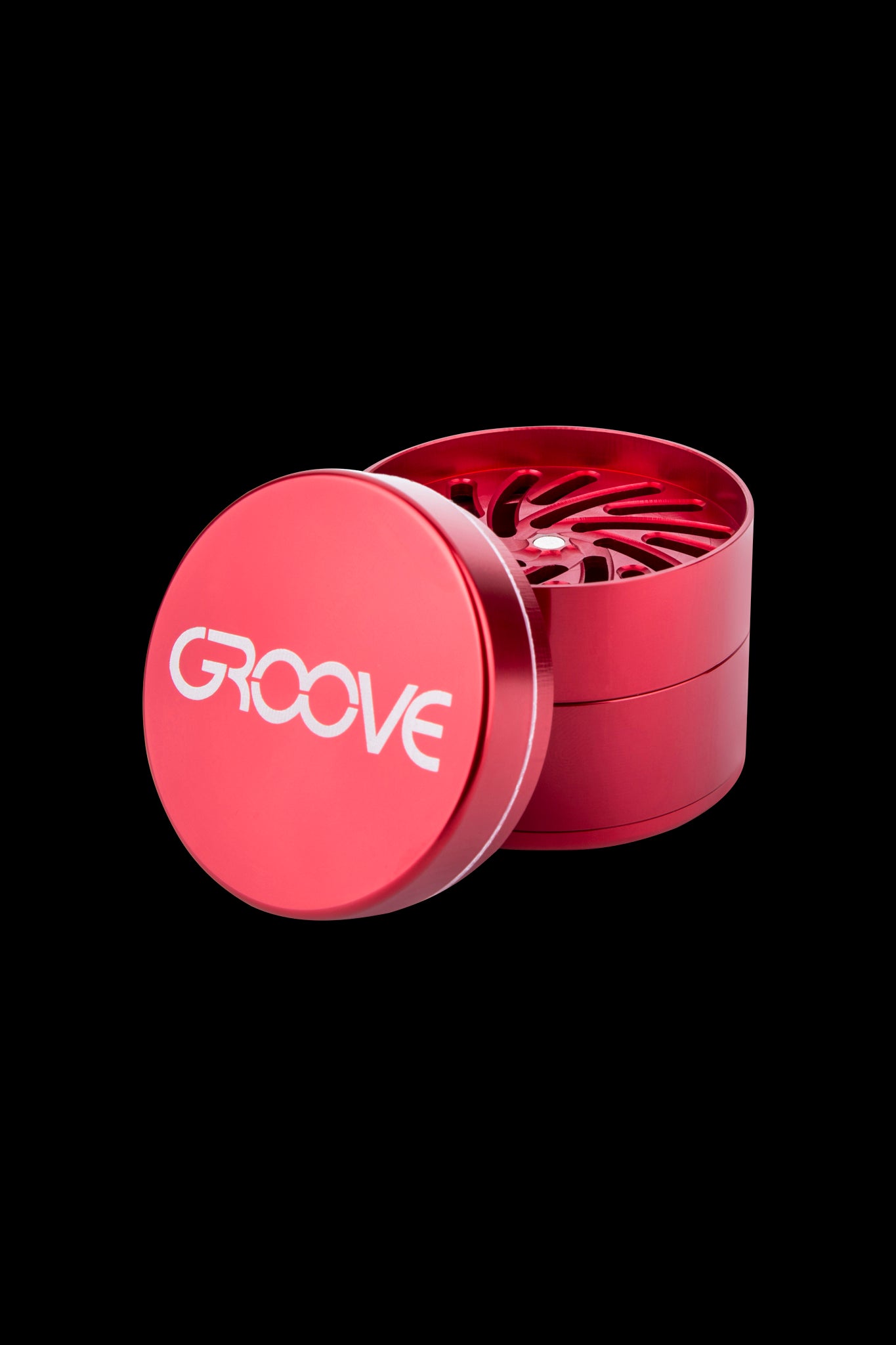 Red four-piece metal cannabis grinder with “GROOVE” logo.