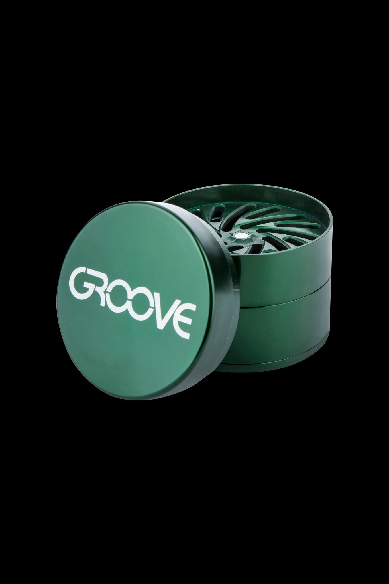 Green four-piece cannabis grinder with “GROOVE” logo.