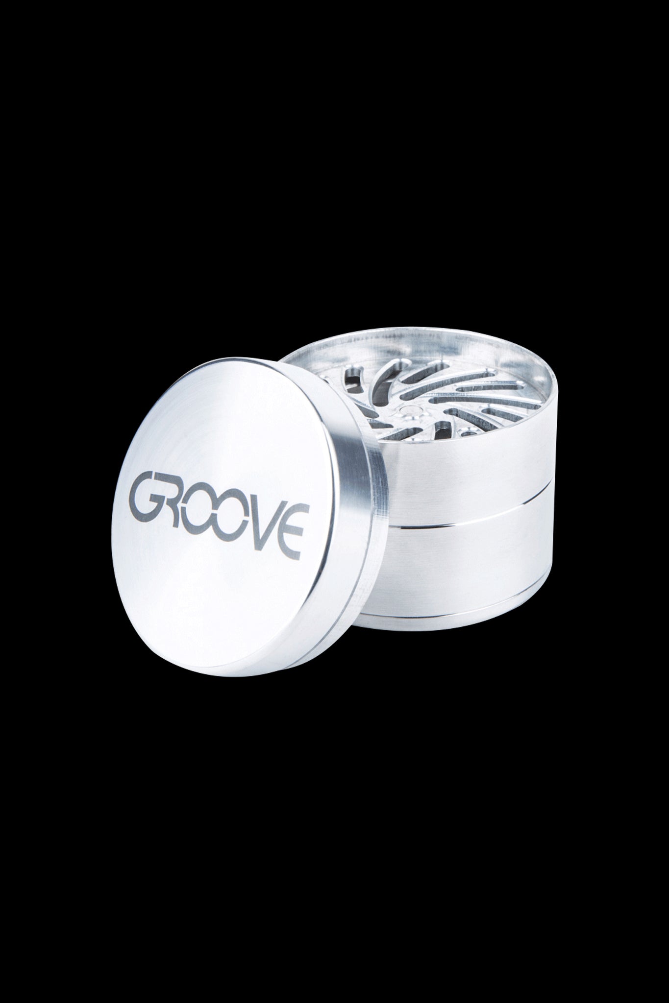 Silver cannabis grinder with “GROOVE” logo.