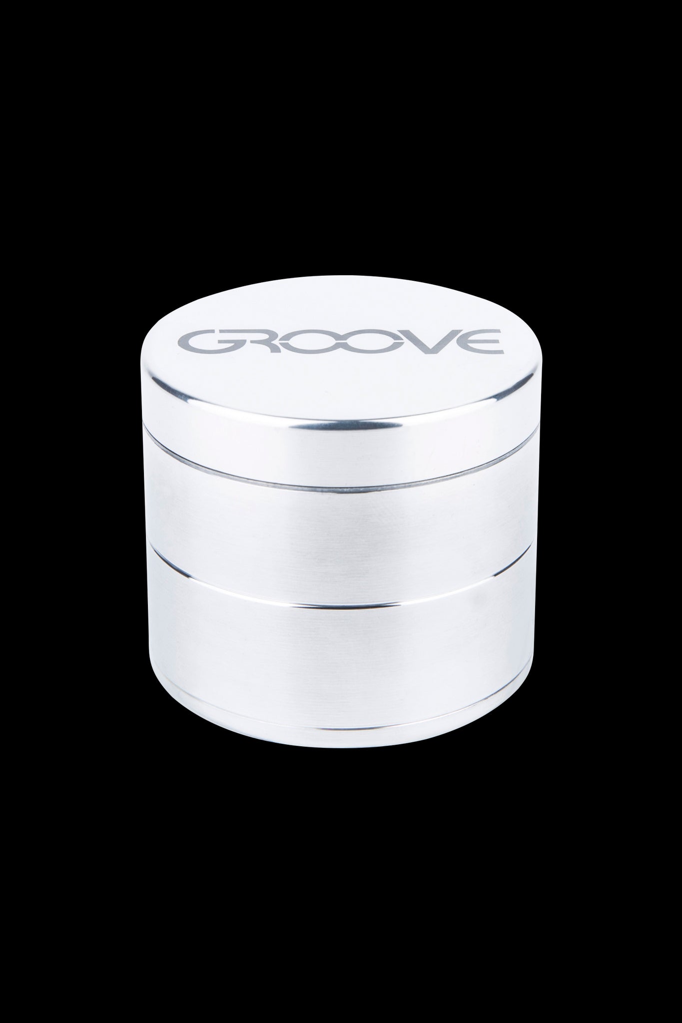Silver four-layer cannabis grinder with “GROOVE” logo.