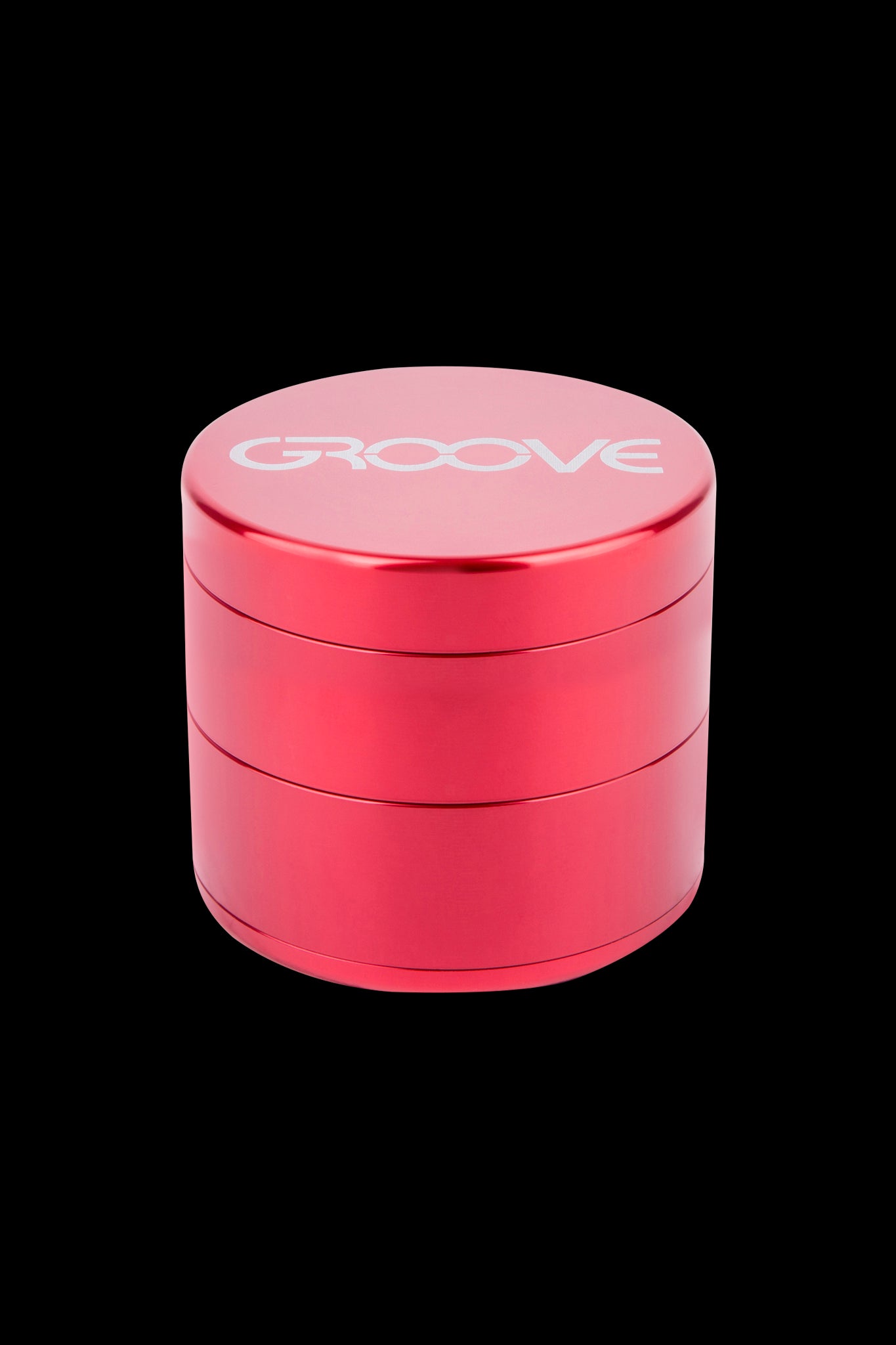 Red four-layer cannabis grinder with "GROOVE" logo.