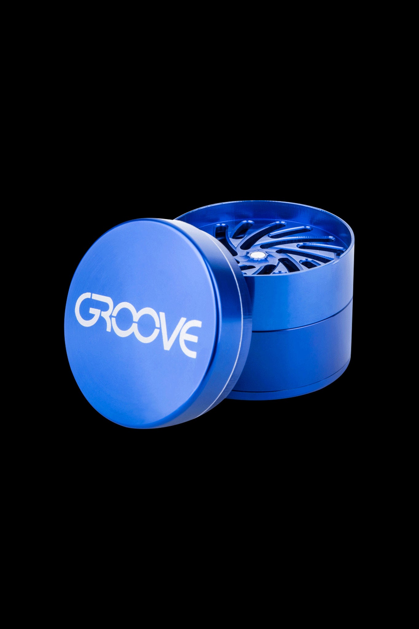 Blue metal cannabis grinder with “GROOVE” logo, open to reveal tiered grinding teeth.