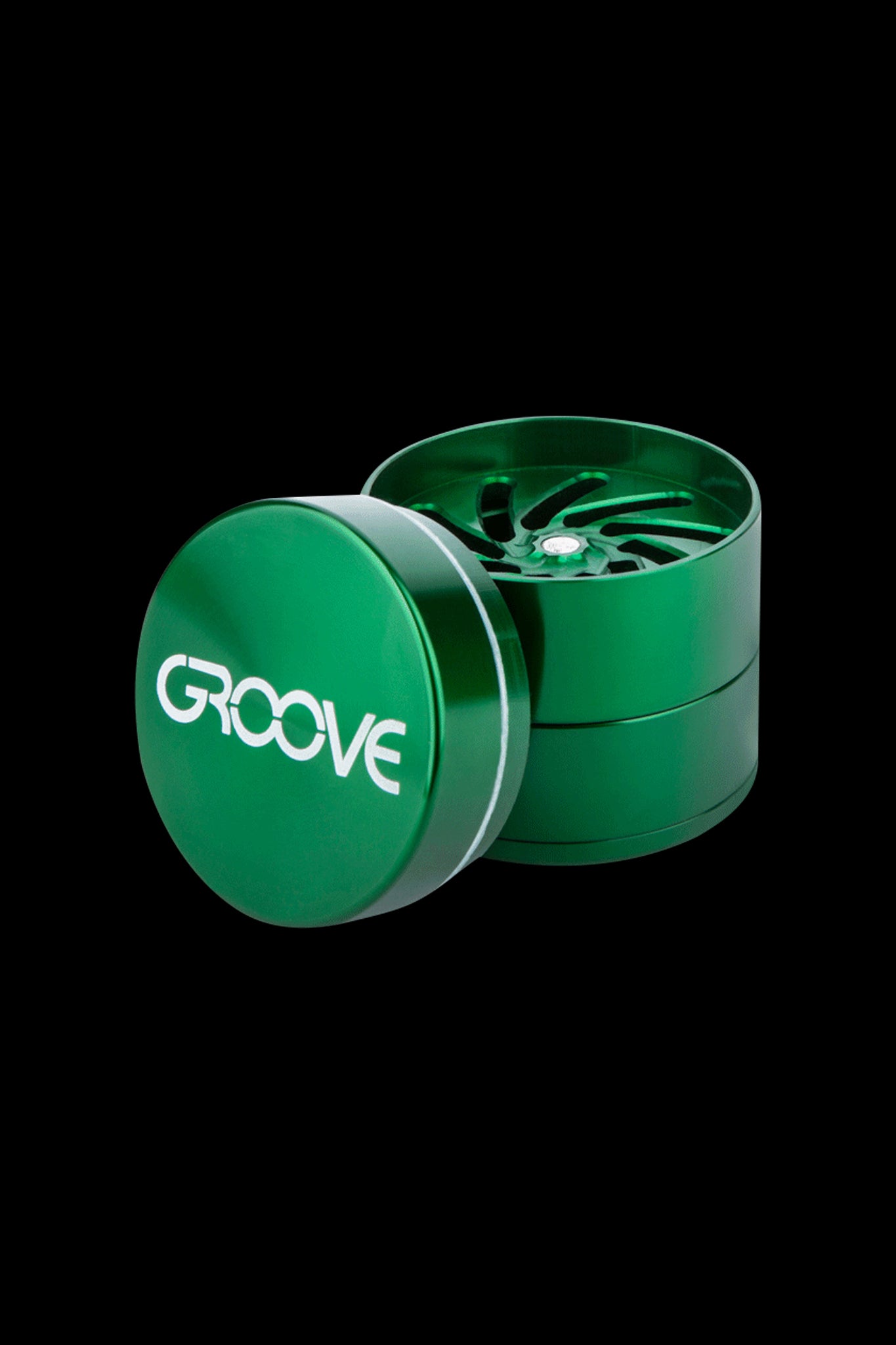 Green four-piece cannabis grinder with "GROOVE" logo.