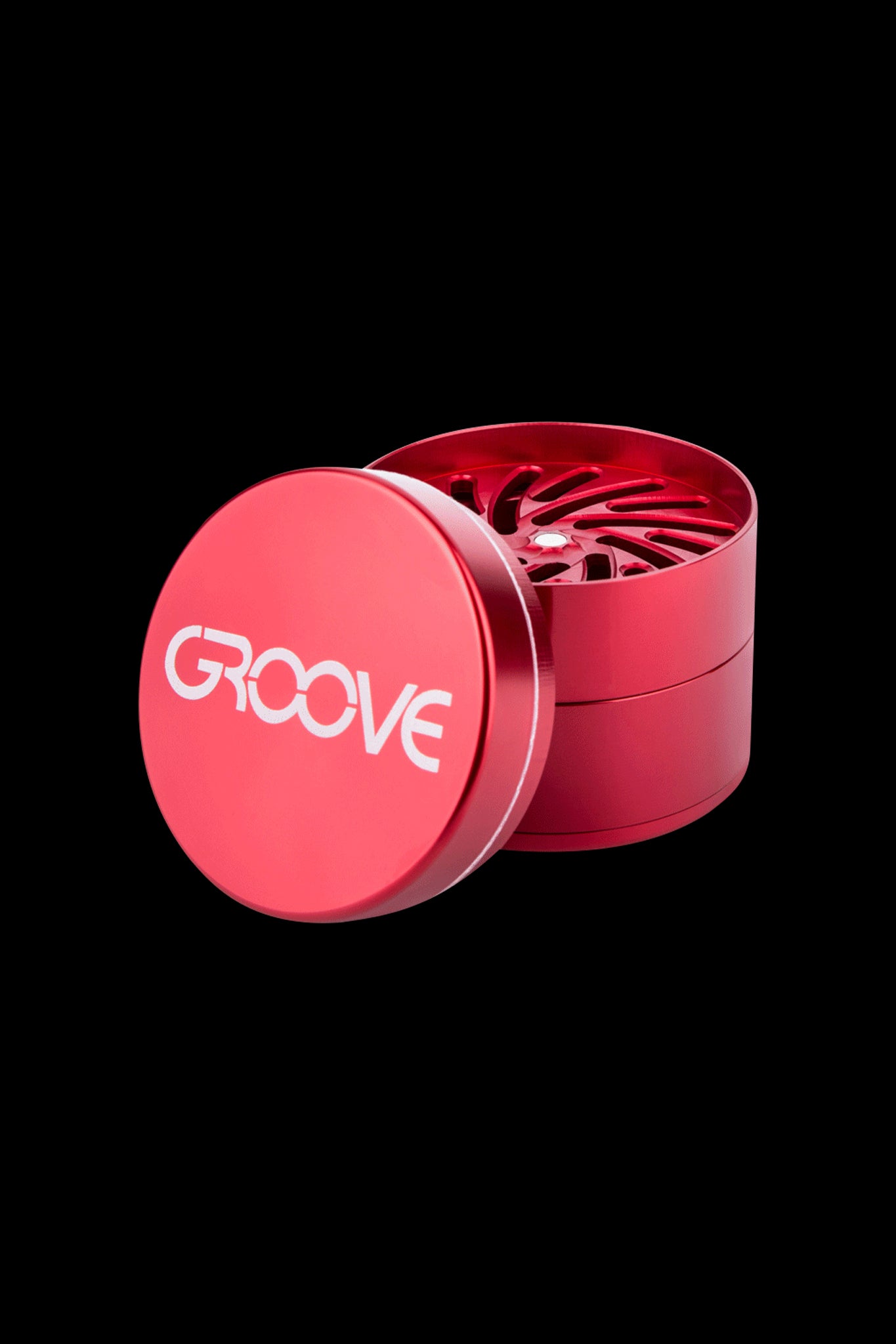 Red four-piece cannabis grinder with “GROOVE” logo.
