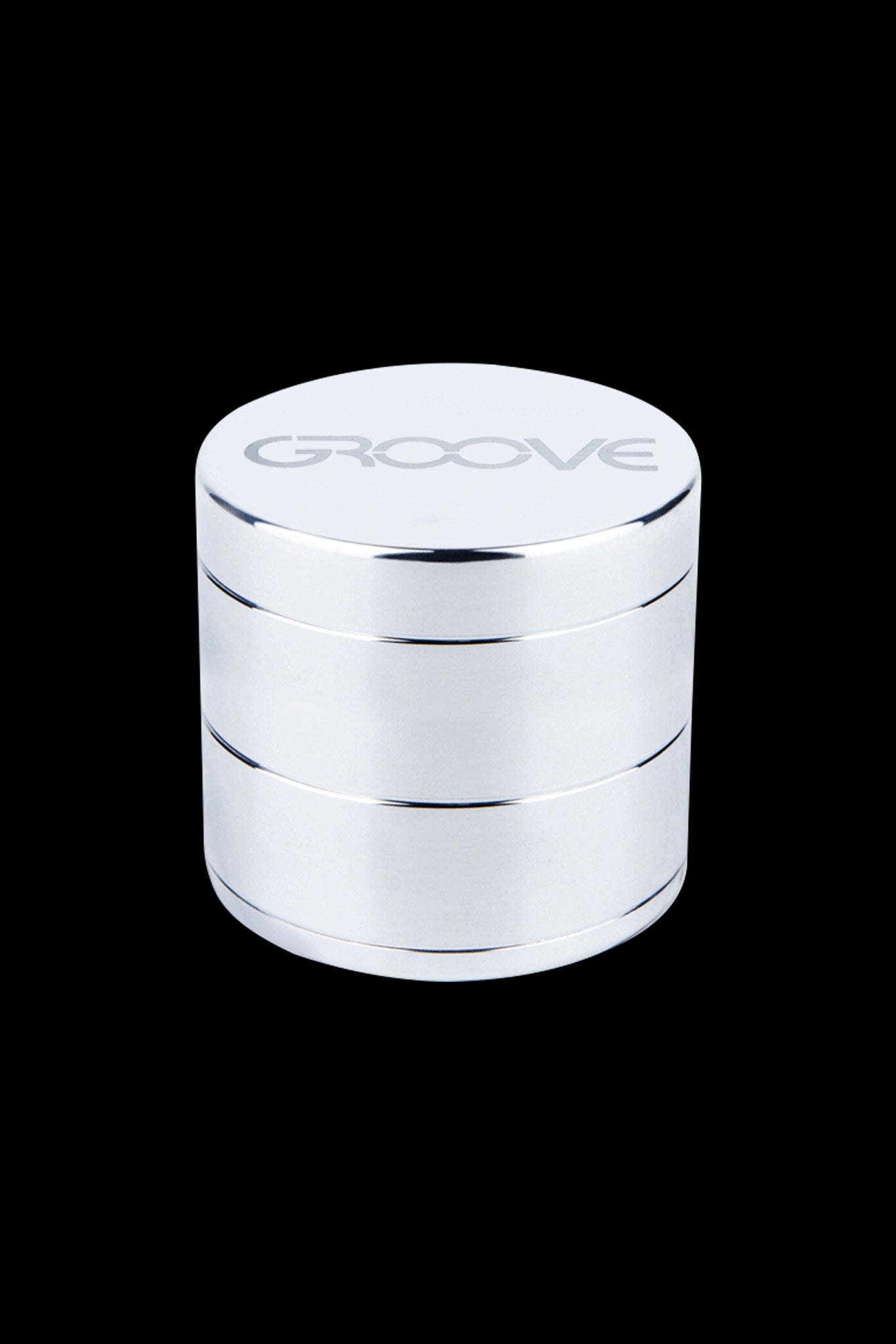 Silver four-layer cannabis grinder with “GROOVE” engraved on top.