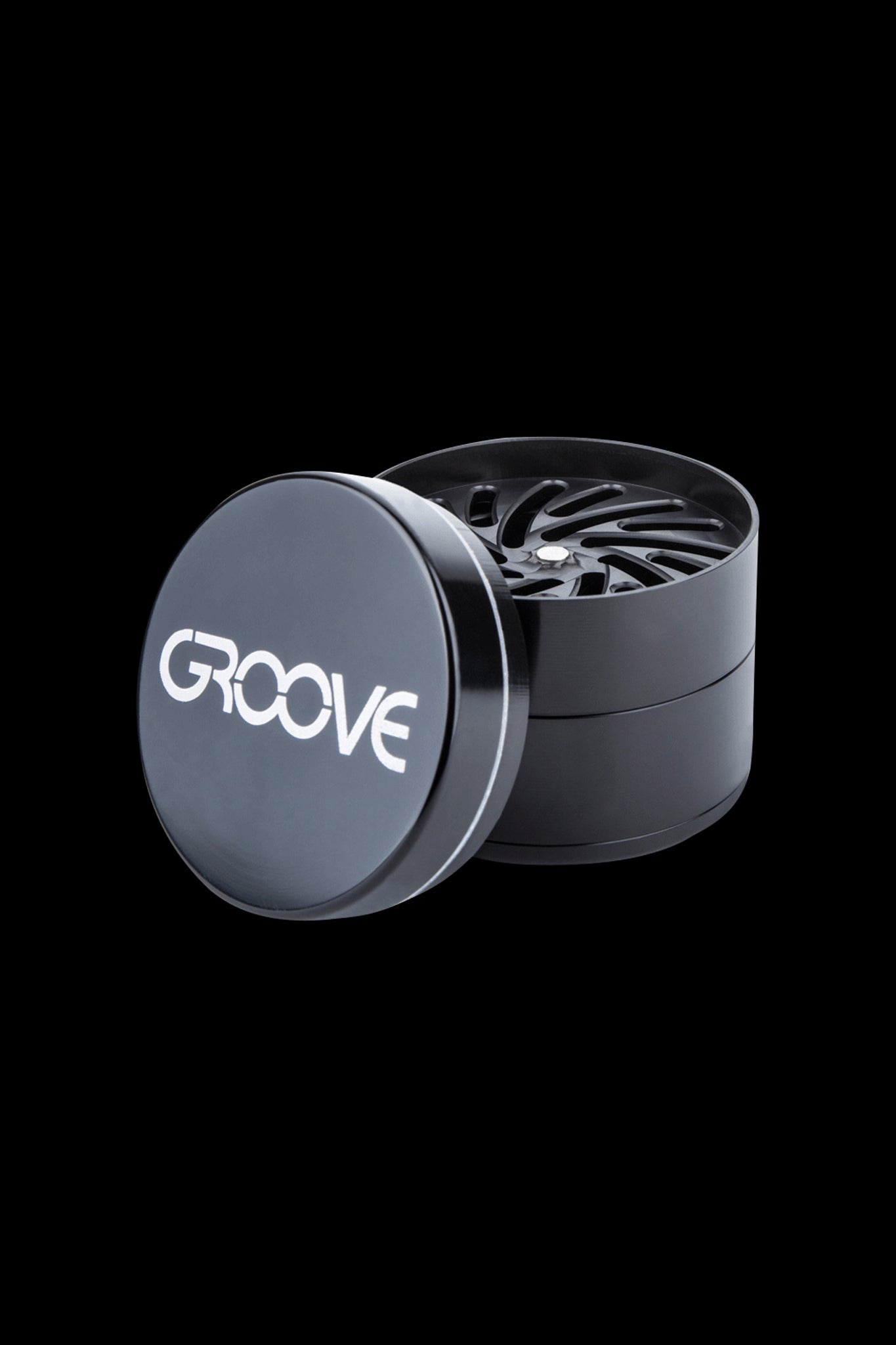 Black metal cannabis grinder with “Groove” logo.