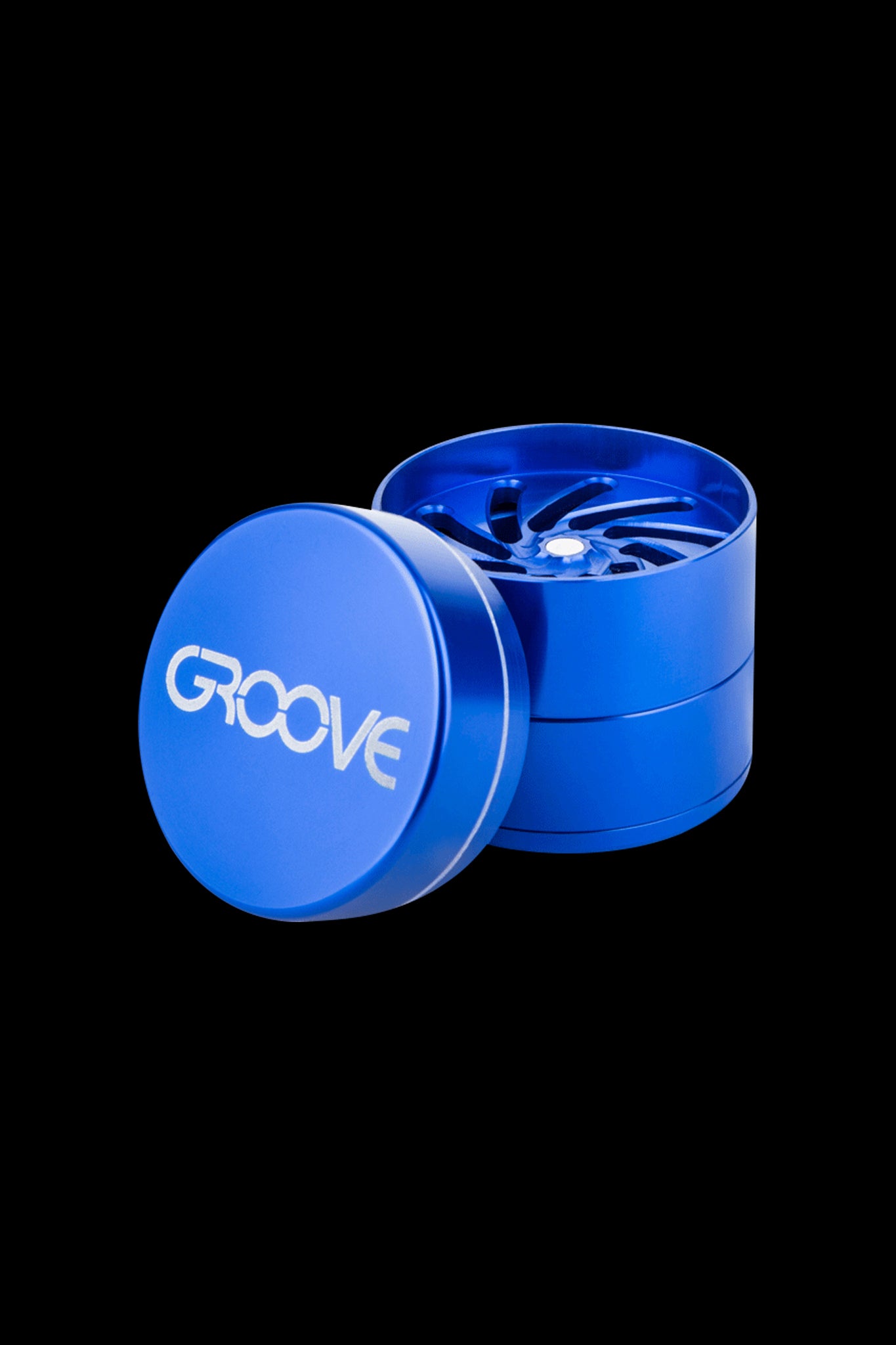 Blue four-piece cannabis grinder with “GROOVE” logo.