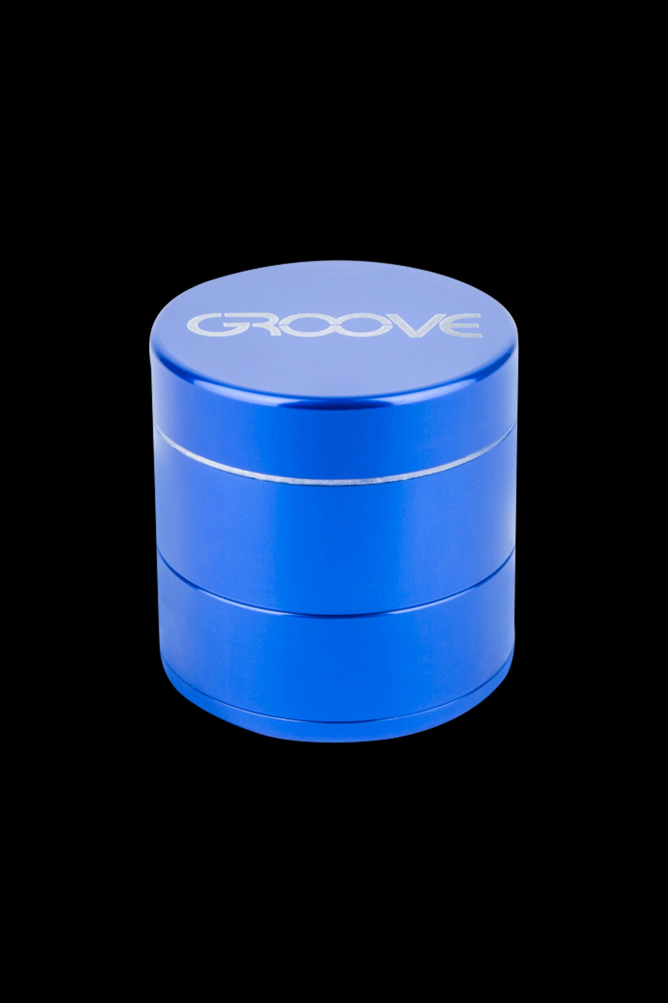 Blue four-piece cannabis grinder with “GROOVE” etched on the lid.