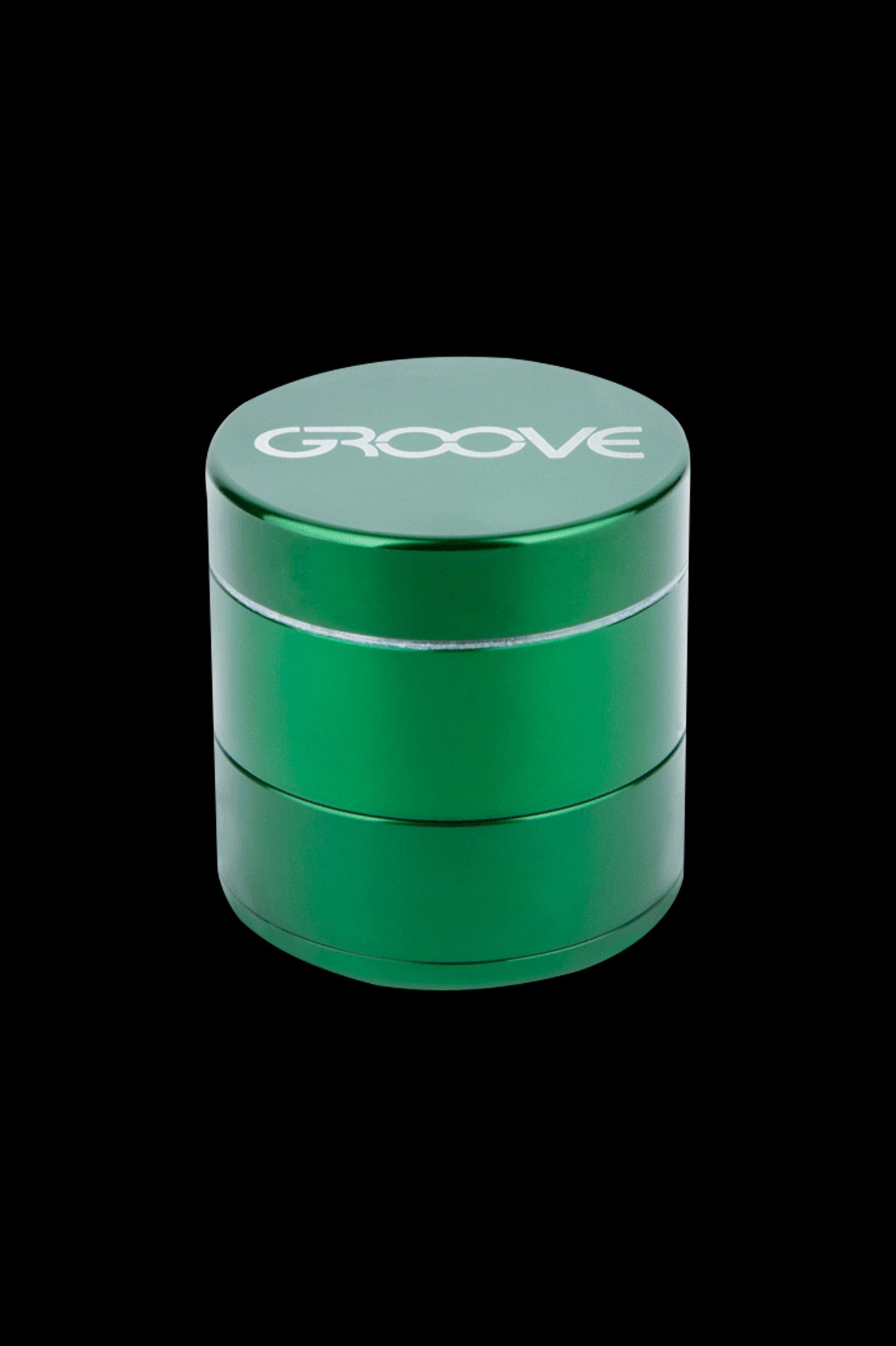 Green four-piece cannabis grinder with “GROOVE” logo.