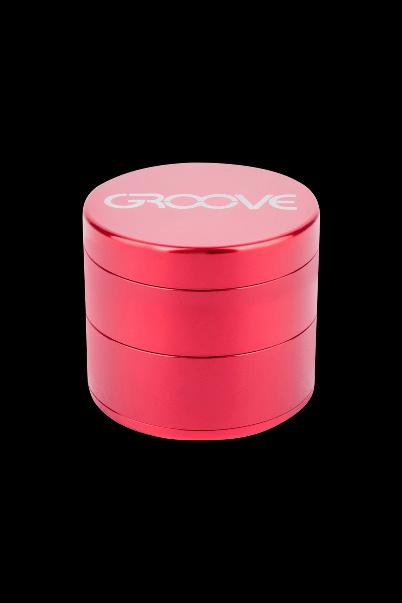 Red four-piece cannabis grinder with "GROOVE" logo.