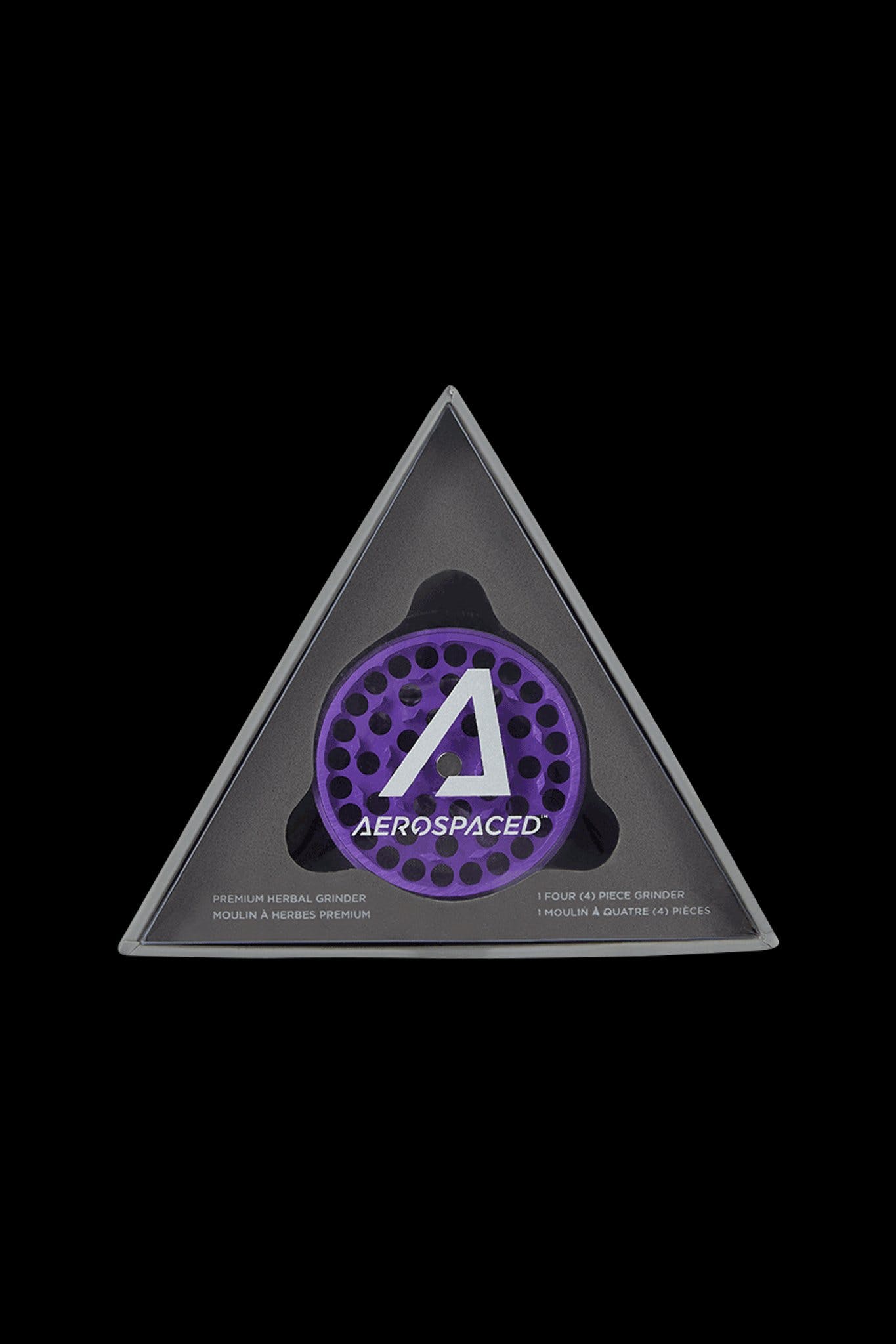 Triangular packaging for “Aerospaced” premium four-piece cannabis grinder, featuring a purple and silver design.