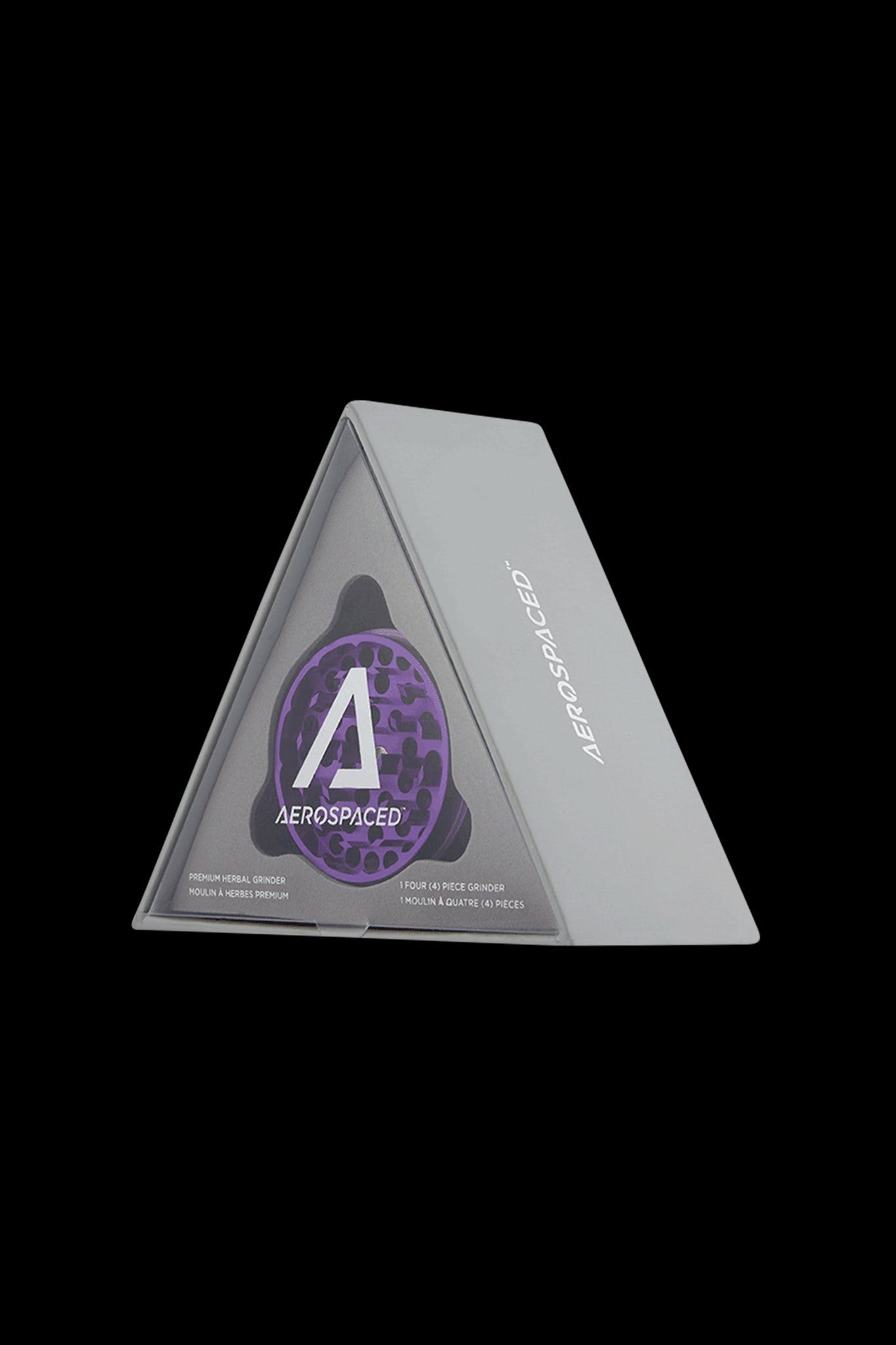 Pyramidal packaging for “Aerospace” premium four-piece cannabis grinder.