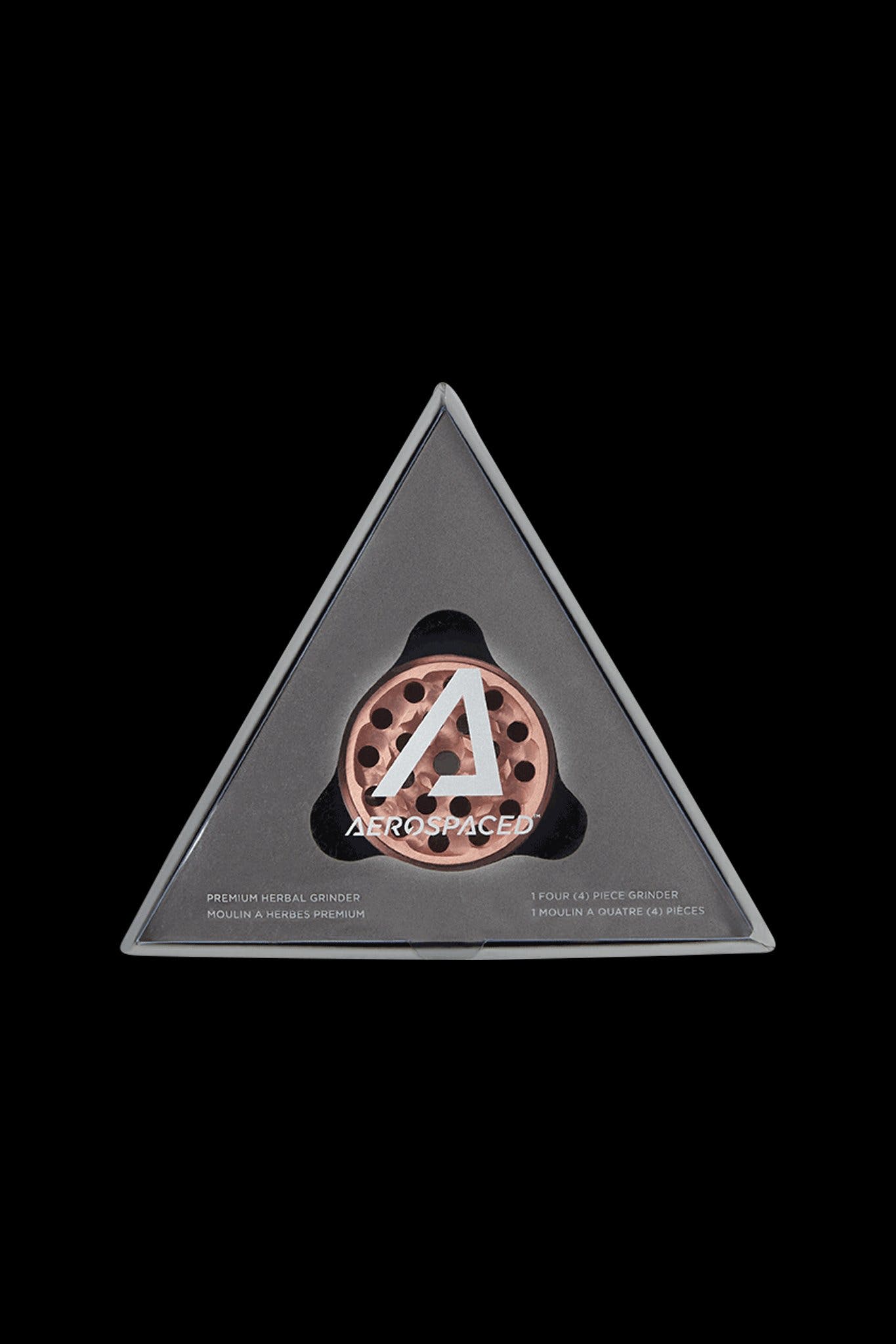 Triangle-shaped, clear acrylic container displaying a copper-toned four-piece cannabis grinder with the “AEROSPACED” logo.