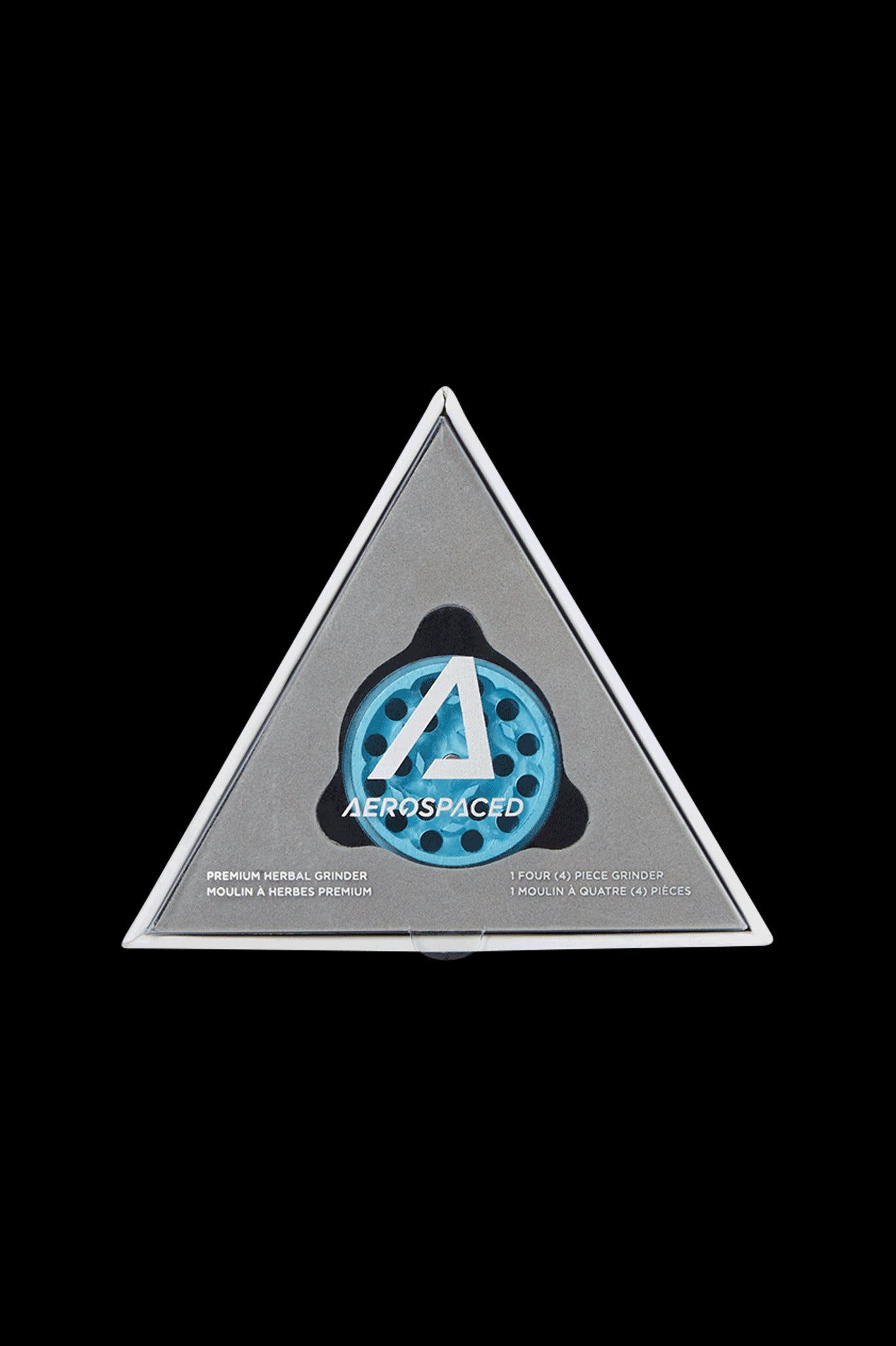 Silver triangular cannabis grinder box with a blue "A" logo and French/English text.