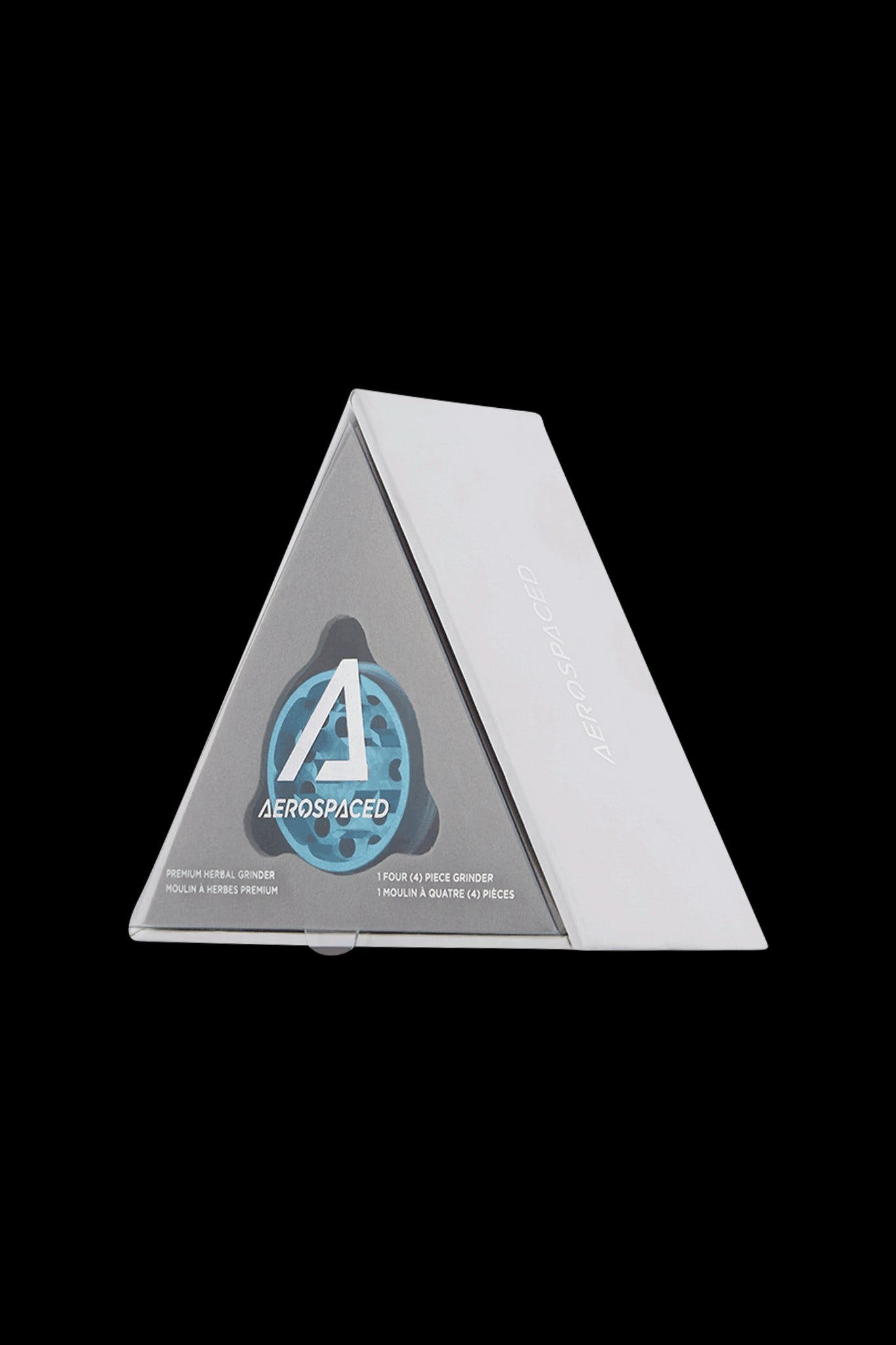 Silver four-piece cannabis grinder with blue “AEROSPACED” logo.