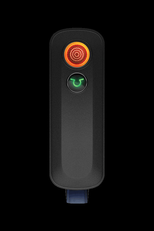 Sleek black cannabis vaporizer with illuminated power button and heating indicator.