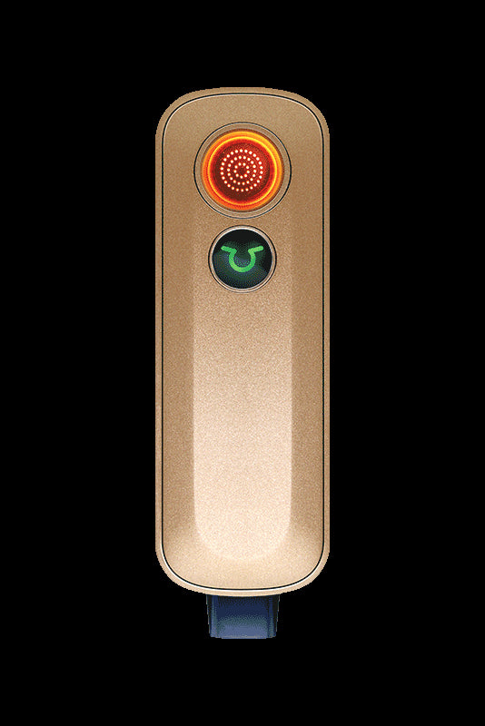 Gold cannabis vaporizer pen with illuminated controls.