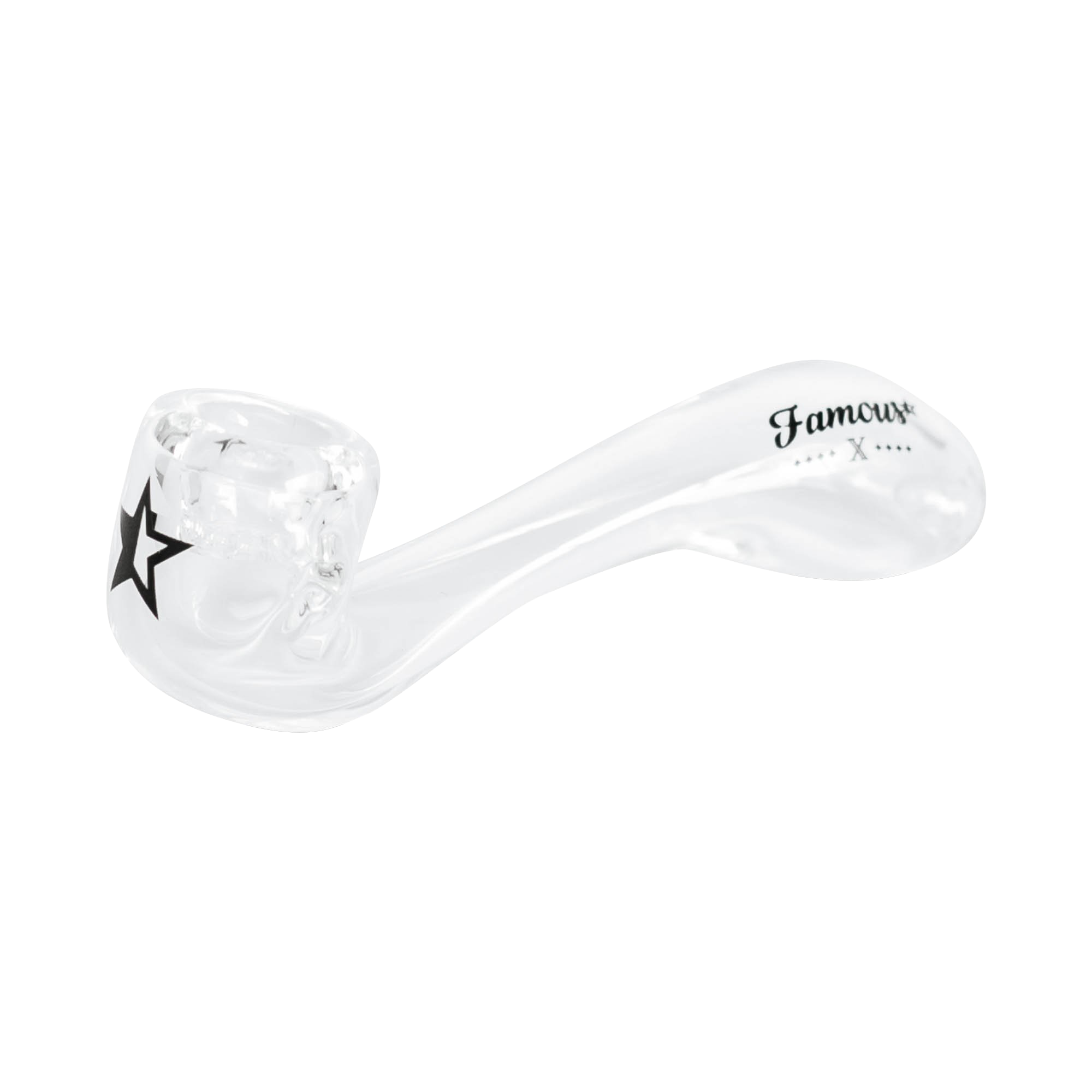 Angled close-up of the clear Famous X Sherlock Hand Pipe showing its curved bowl and black star and "Famous X" logo.