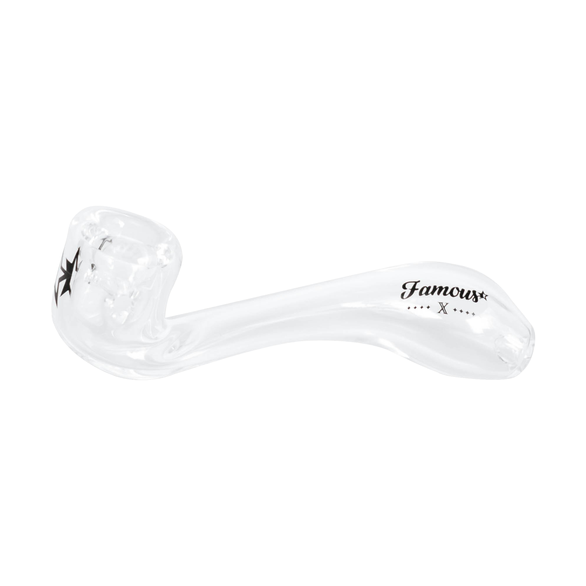 Angled close-up of the clear Famous X Sherlock Hand Pipe showing its bowl, curved stem, and printed "Famous" logo on a white background